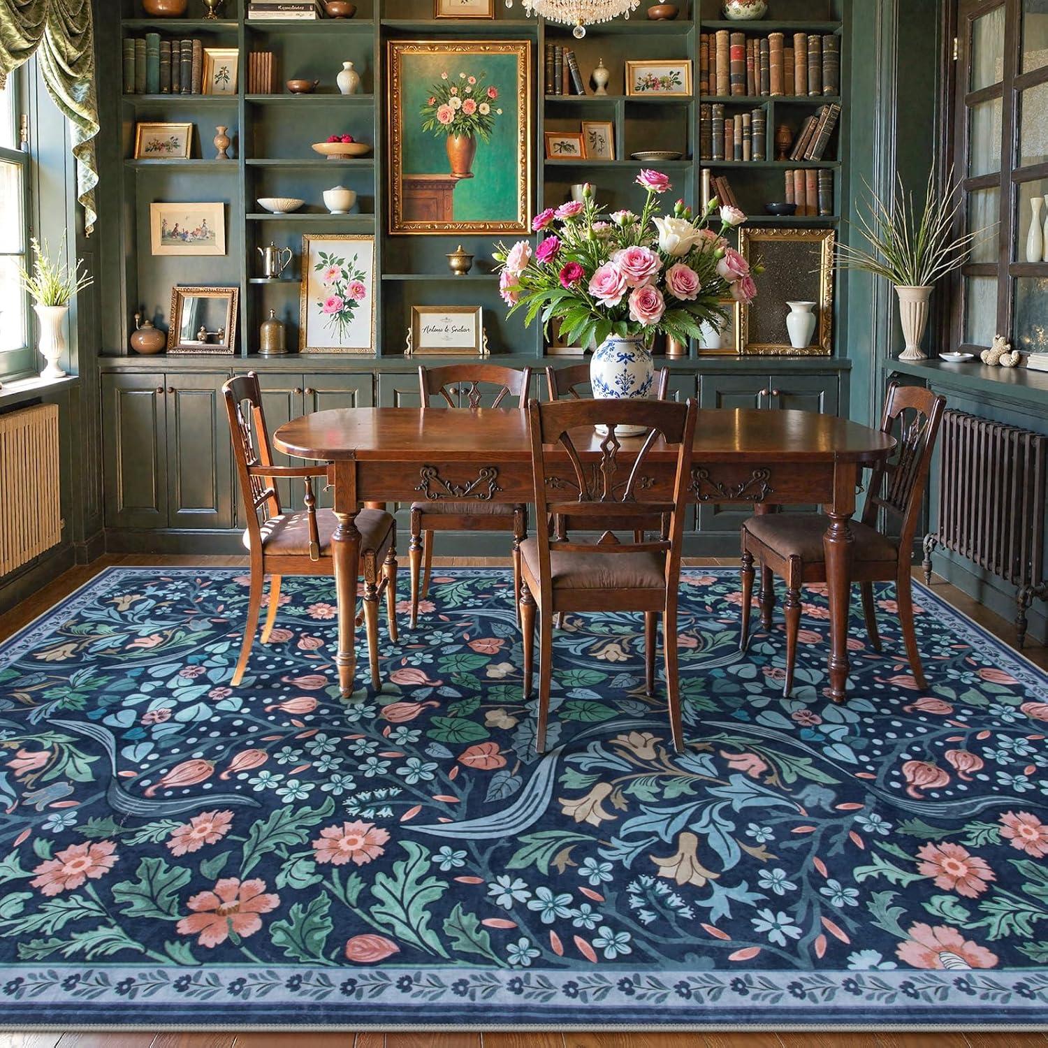 imageMoynesa Floral Washable 8x10 Rug Large Rugs for Living Room Green Soft 8 x 10 Boho Bedroom Rugs Non Slip Botanical Ultra Thin Floor Carpet for Dining Room Nursery GreenBlue