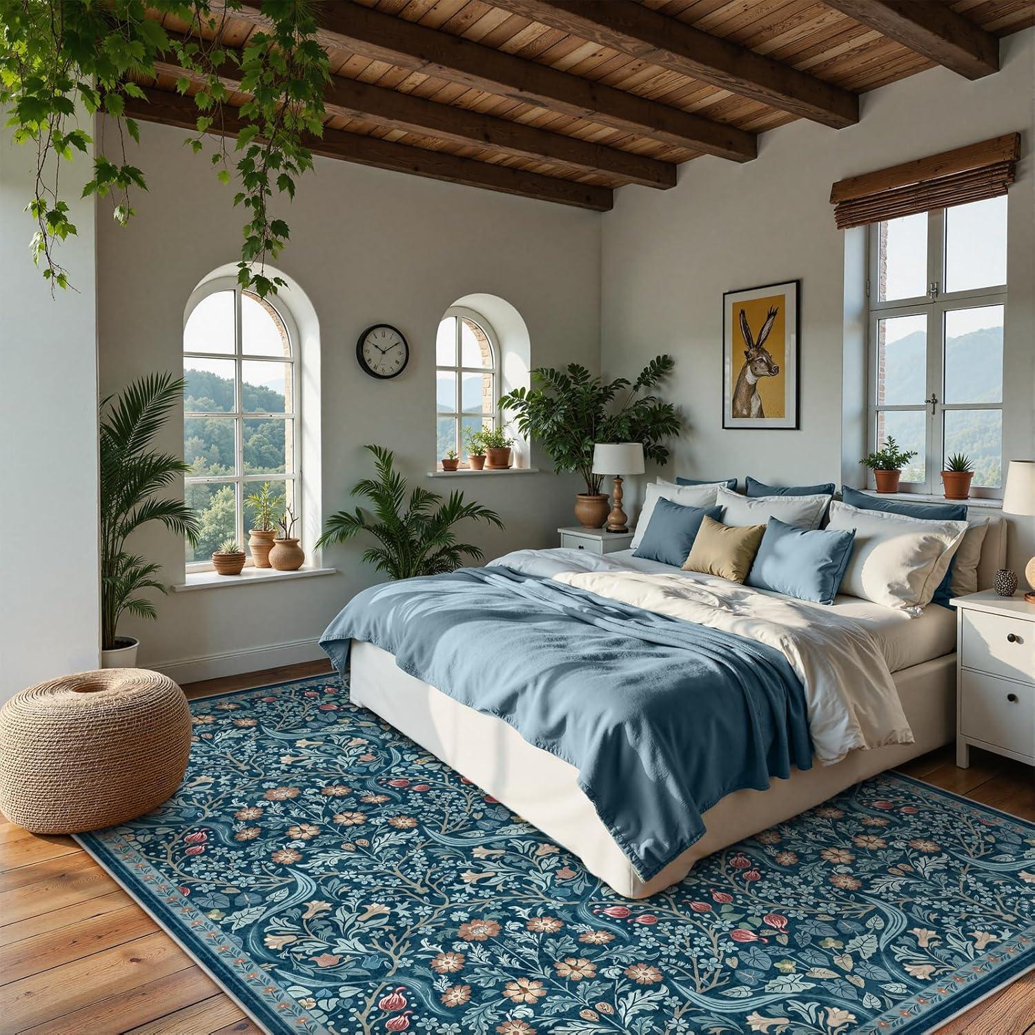 imageMoynesa Floral Washable 8x10 Rug Large Rugs for Living Room Green Soft 8 x 10 Boho Bedroom Rugs Non Slip Botanical Ultra Thin Floor Carpet for Dining Room Nursery GreenTeal