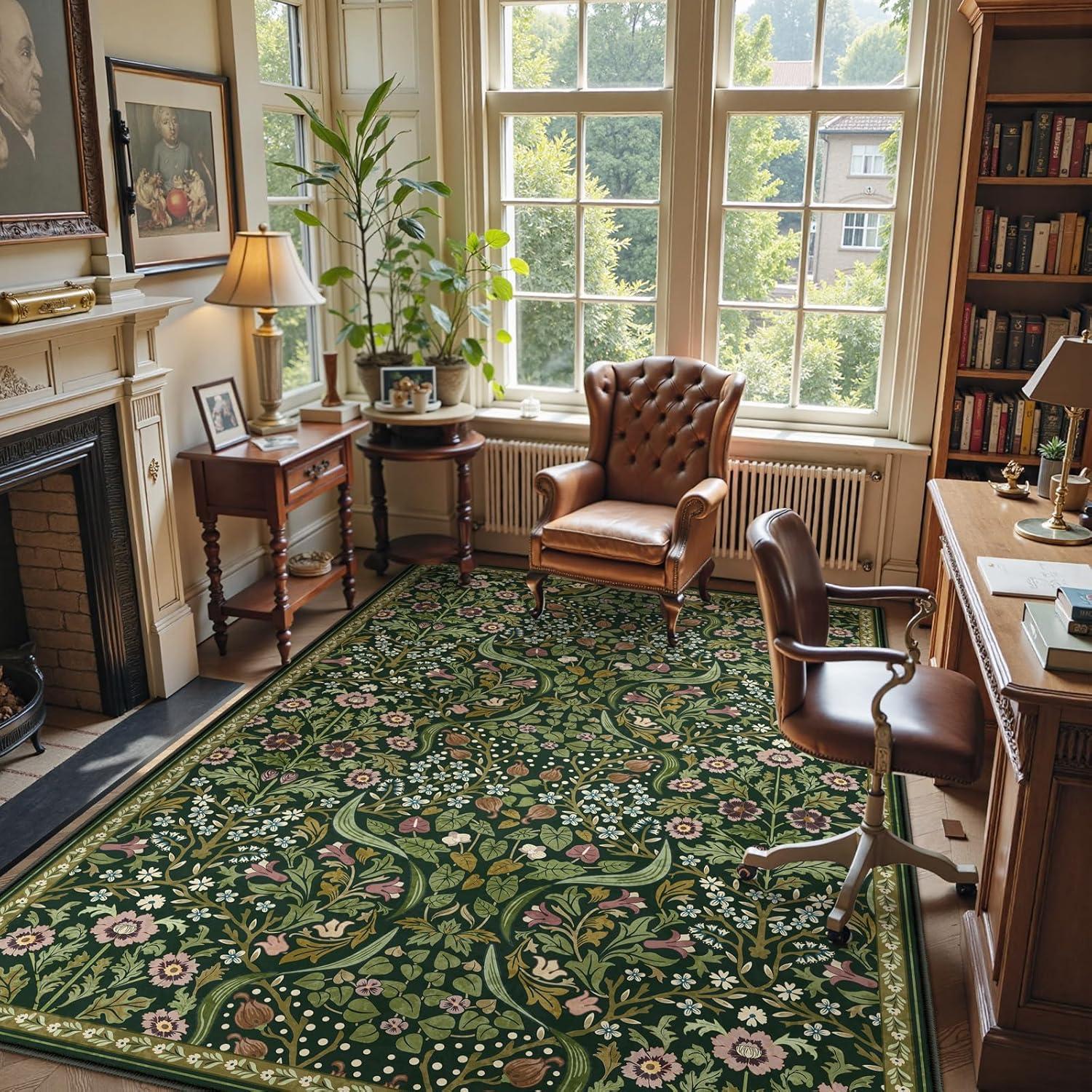 imageMoynesa Floral Washable 8x10 Rug Large Rugs for Living Room Green Soft 8 x 10 Boho Bedroom Rugs Non Slip Botanical Ultra Thin Floor Carpet for Dining Room Nursery GreenGreen