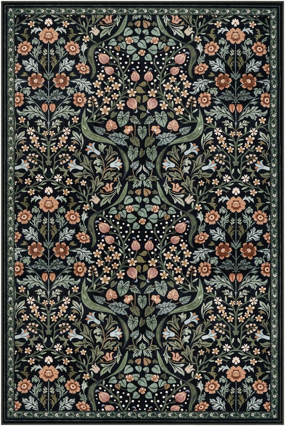 imageMoynesa Floral Washable 8x10 Rug Large Rugs for Living Room Green Soft 8 x 10 Boho Bedroom Rugs Non Slip Botanical Ultra Thin Floor Carpet for Dining Room Nursery GreenBlack
