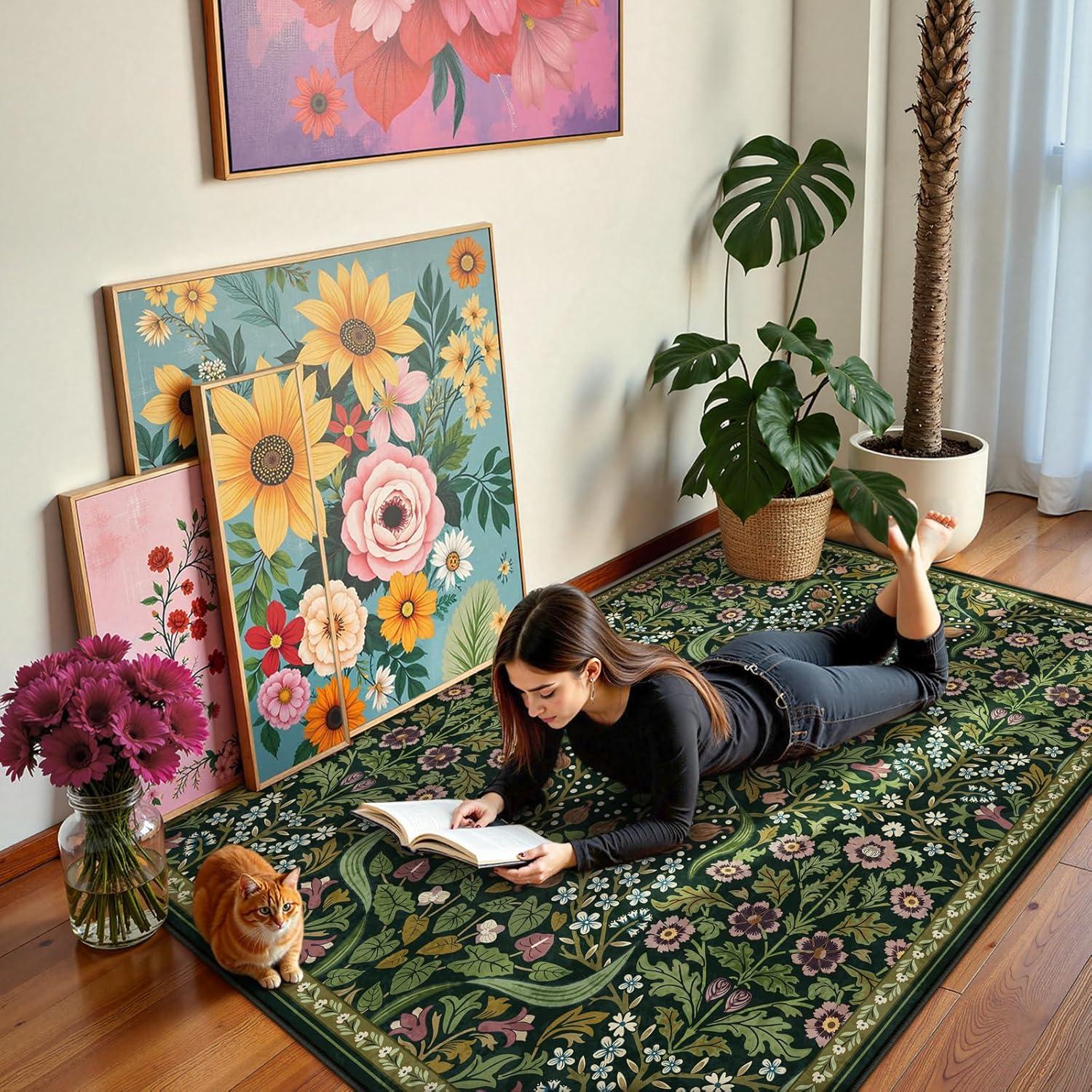 imageMoynesa Floral Washable 8x10 Rug Large Rugs for Living Room Green Soft 8 x 10 Boho Bedroom Rugs Non Slip Botanical Ultra Thin Floor Carpet for Dining Room Nursery GreenGreen