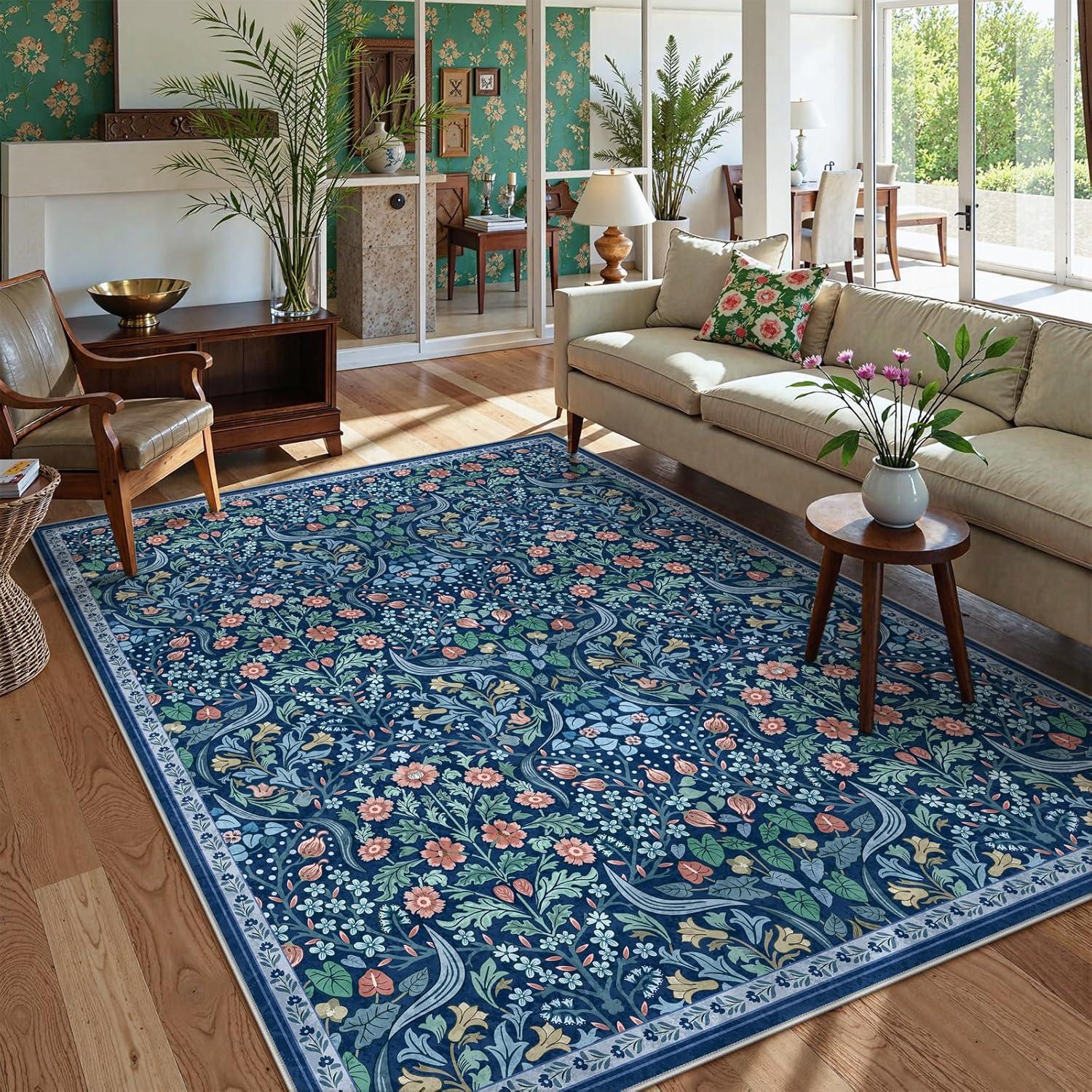 imageMoynesa Floral Washable 8x10 Rug Large Rugs for Living Room Green Soft 8 x 10 Boho Bedroom Rugs Non Slip Botanical Ultra Thin Floor Carpet for Dining Room Nursery GreenBlue