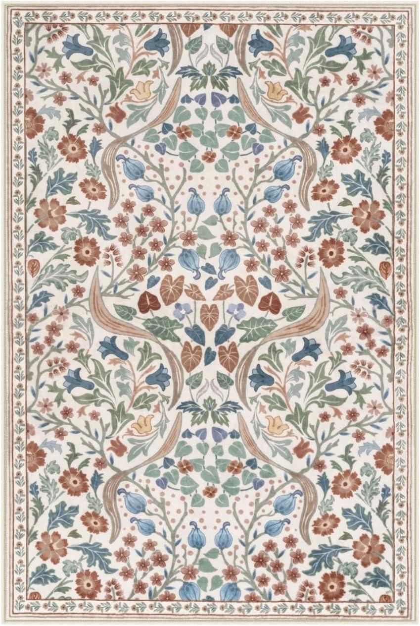 imageMoynesa Floral Washable 8x10 Rug Large Rugs for Living Room Green Soft 8 x 10 Boho Bedroom Rugs Non Slip Botanical Ultra Thin Floor Carpet for Dining Room Nursery GreenBeige