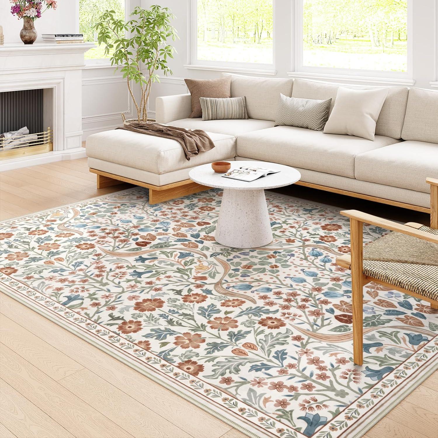 imageMoynesa Floral Washable 8x10 Rug Large Rugs for Living Room Green Soft 8 x 10 Boho Bedroom Rugs Non Slip Botanical Ultra Thin Floor Carpet for Dining Room Nursery GreenBeige