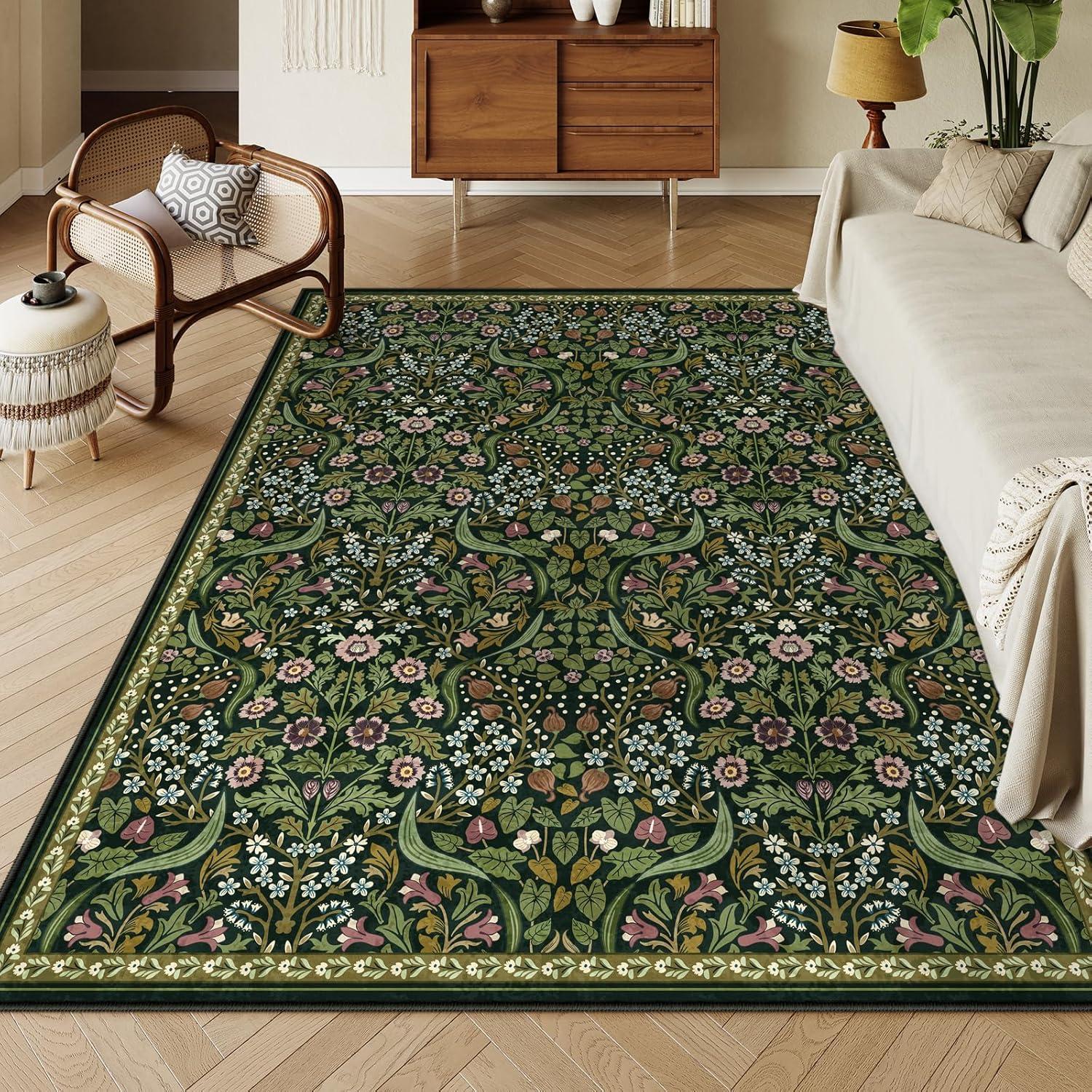 imageMoynesa Floral Washable 8x10 Rug Large Rugs for Living Room Green Soft 8 x 10 Boho Bedroom Rugs Non Slip Botanical Ultra Thin Floor Carpet for Dining Room Nursery GreenGreen