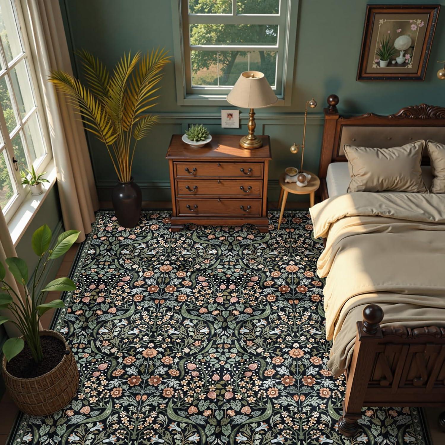 imageMoynesa Floral Washable 8x10 Rug Large Rugs for Living Room Green Soft 8 x 10 Boho Bedroom Rugs Non Slip Botanical Ultra Thin Floor Carpet for Dining Room Nursery GreenBlack