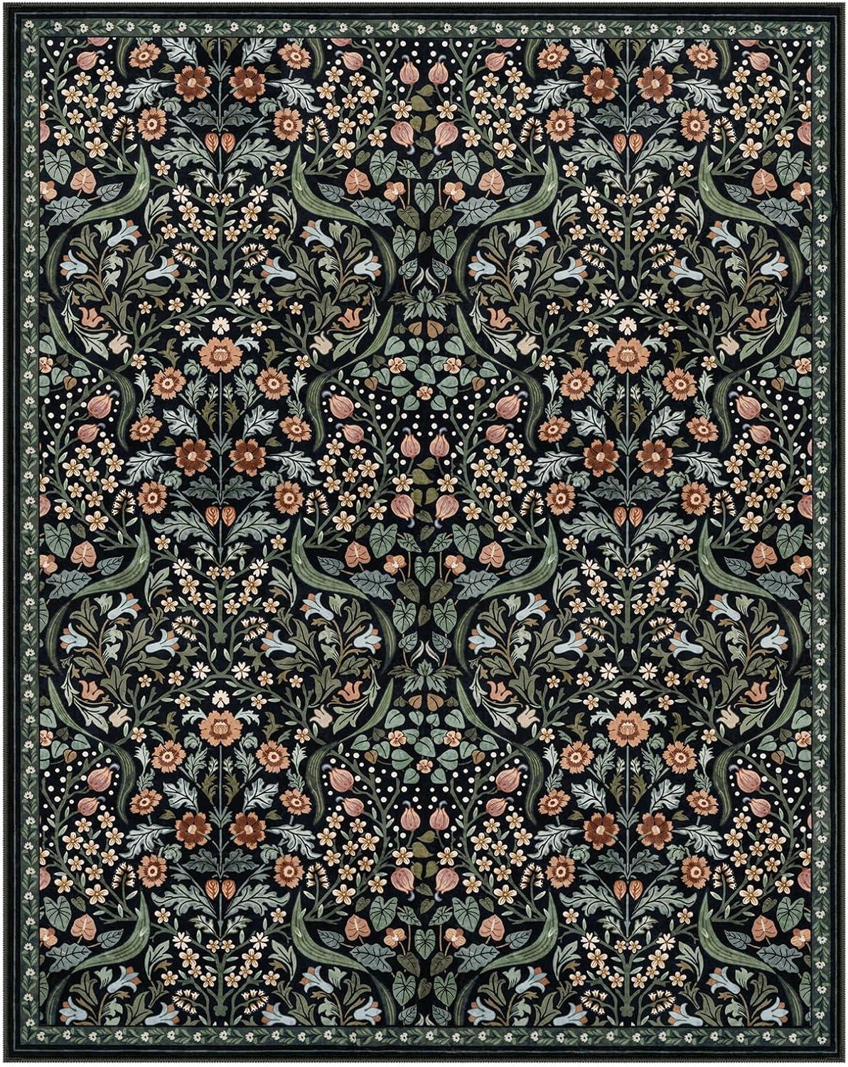 imageMoynesa Floral Washable 8x10 Rug Large Rugs for Living Room Green Soft 8 x 10 Boho Bedroom Rugs Non Slip Botanical Ultra Thin Floor Carpet for Dining Room Nursery GreenBlack