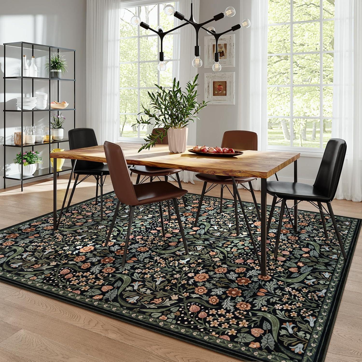 imageMoynesa Floral Washable 8x10 Rug Large Rugs for Living Room Green Soft 8 x 10 Boho Bedroom Rugs Non Slip Botanical Ultra Thin Floor Carpet for Dining Room Nursery GreenBlack