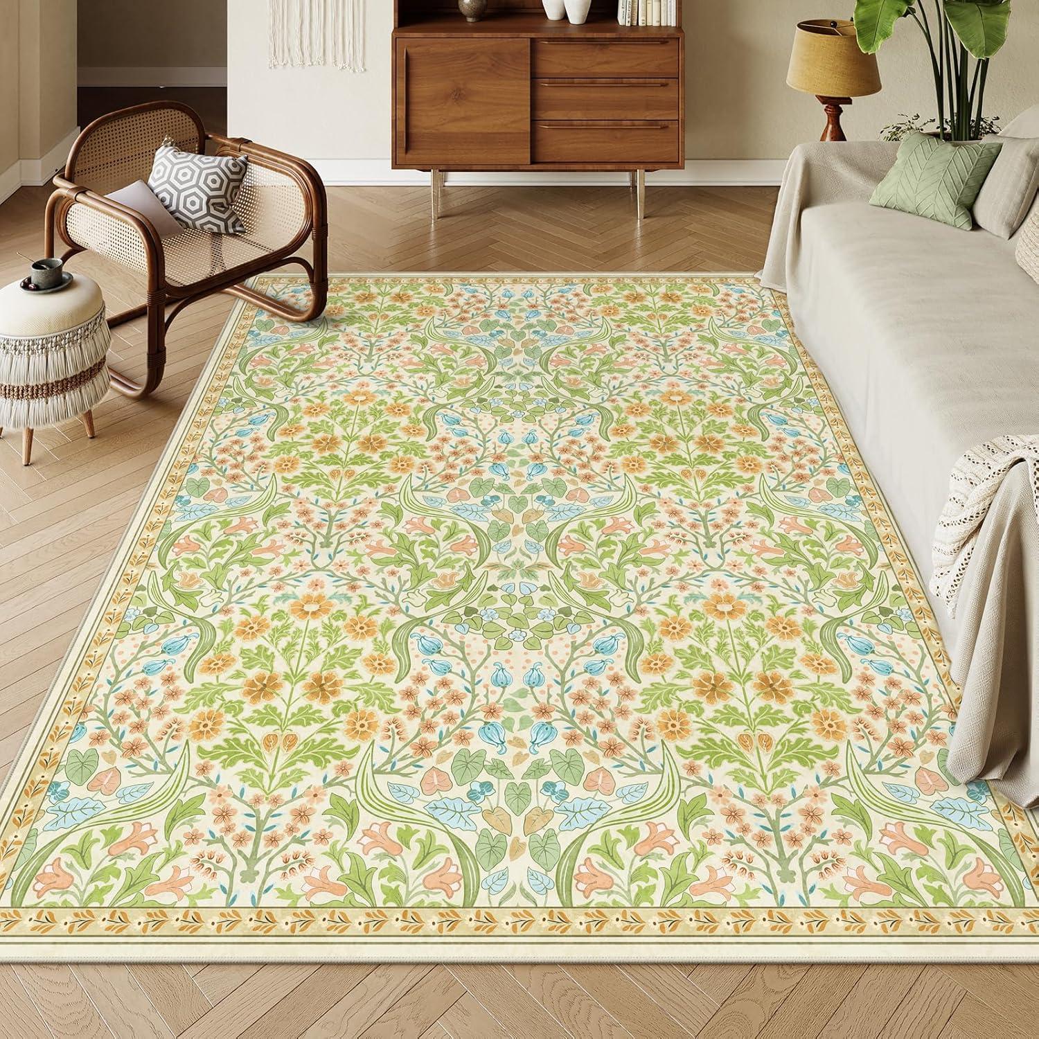 imageMoynesa Floral Washable 8x10 Rug Large Rugs for Living Room Green Soft 8 x 10 Boho Bedroom Rugs Non Slip Botanical Ultra Thin Floor Carpet for Dining Room Nursery GreenSpring
