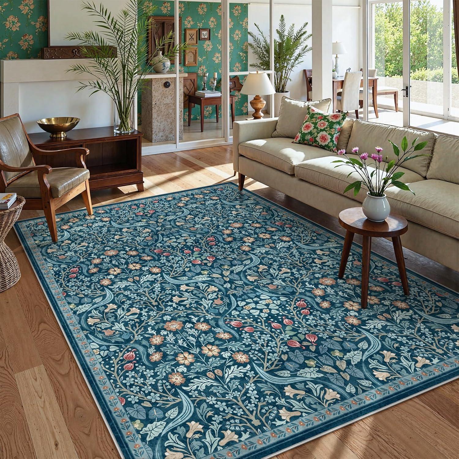 imageMoynesa Floral Washable 8x10 Rug Large Rugs for Living Room Green Soft 8 x 10 Boho Bedroom Rugs Non Slip Botanical Ultra Thin Floor Carpet for Dining Room Nursery GreenTeal