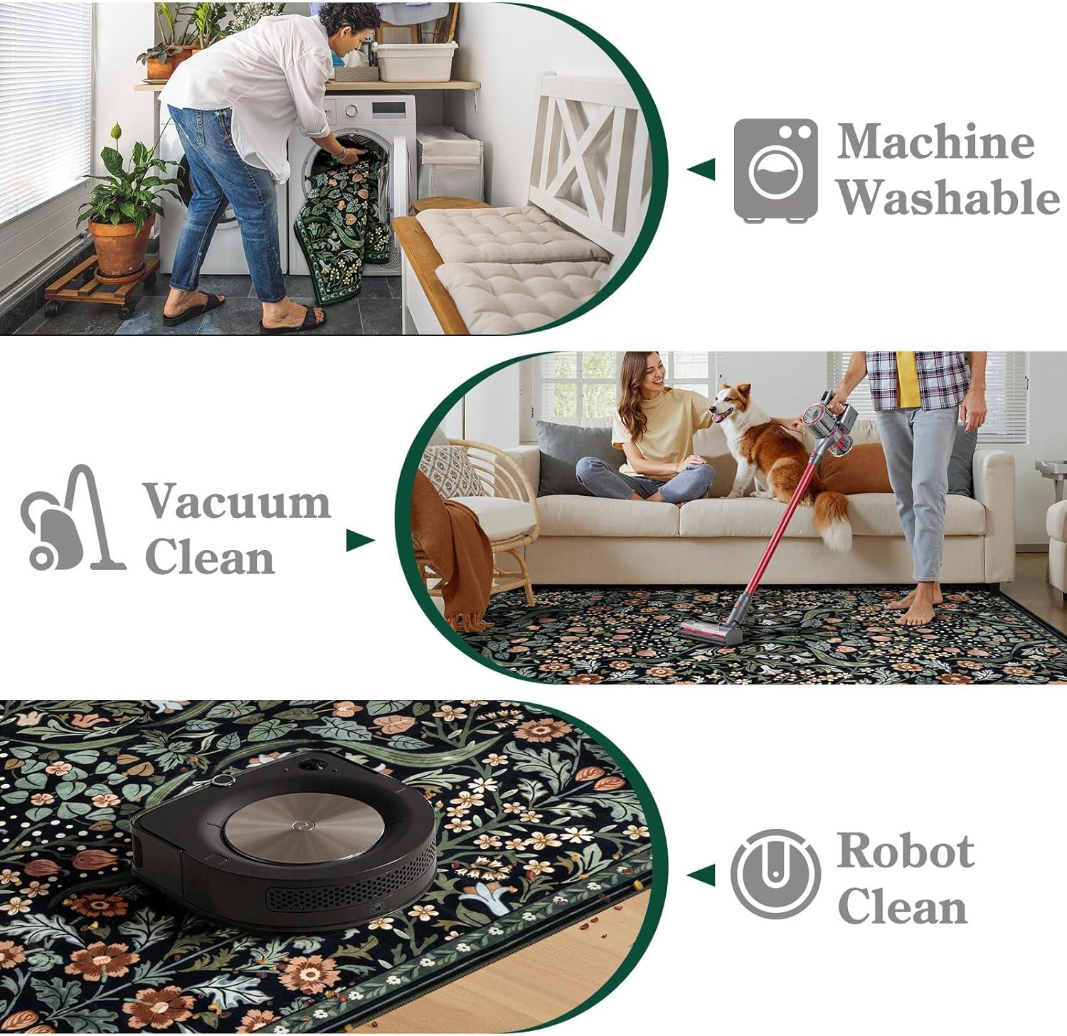 imageMoynesa Floral Washable 8x10 Rug Large Rugs for Living Room Green Soft 8 x 10 Boho Bedroom Rugs Non Slip Botanical Ultra Thin Floor Carpet for Dining Room Nursery GreenBlack