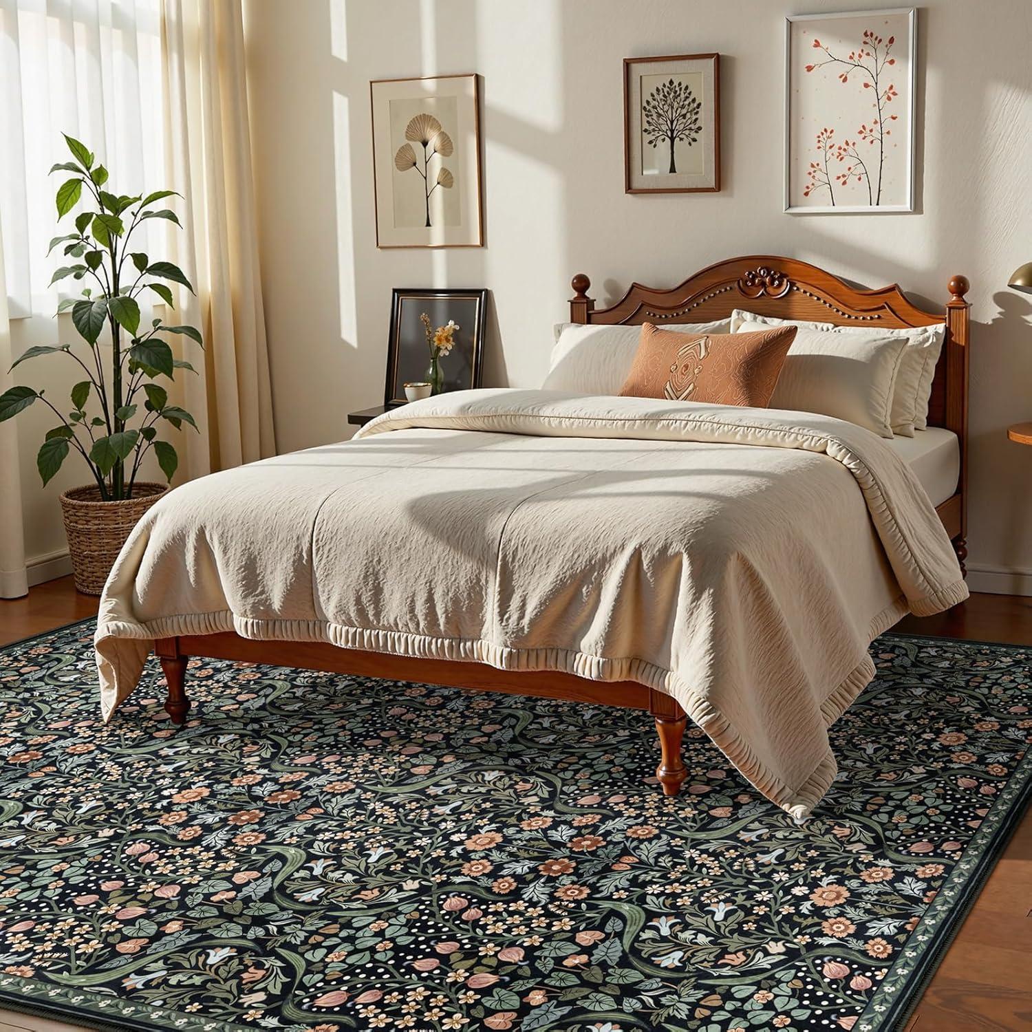 imageMoynesa Floral Washable 8x10 Rug Large Rugs for Living Room Green Soft 8 x 10 Boho Bedroom Rugs Non Slip Botanical Ultra Thin Floor Carpet for Dining Room Nursery GreenBlack