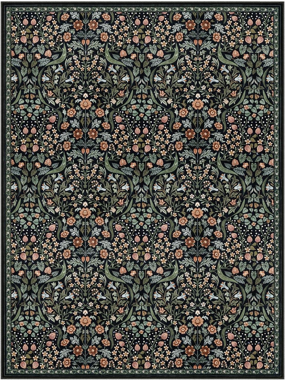 imageMoynesa Floral Washable 8x10 Rug Large Rugs for Living Room Green Soft 8 x 10 Boho Bedroom Rugs Non Slip Botanical Ultra Thin Floor Carpet for Dining Room Nursery GreenBlack