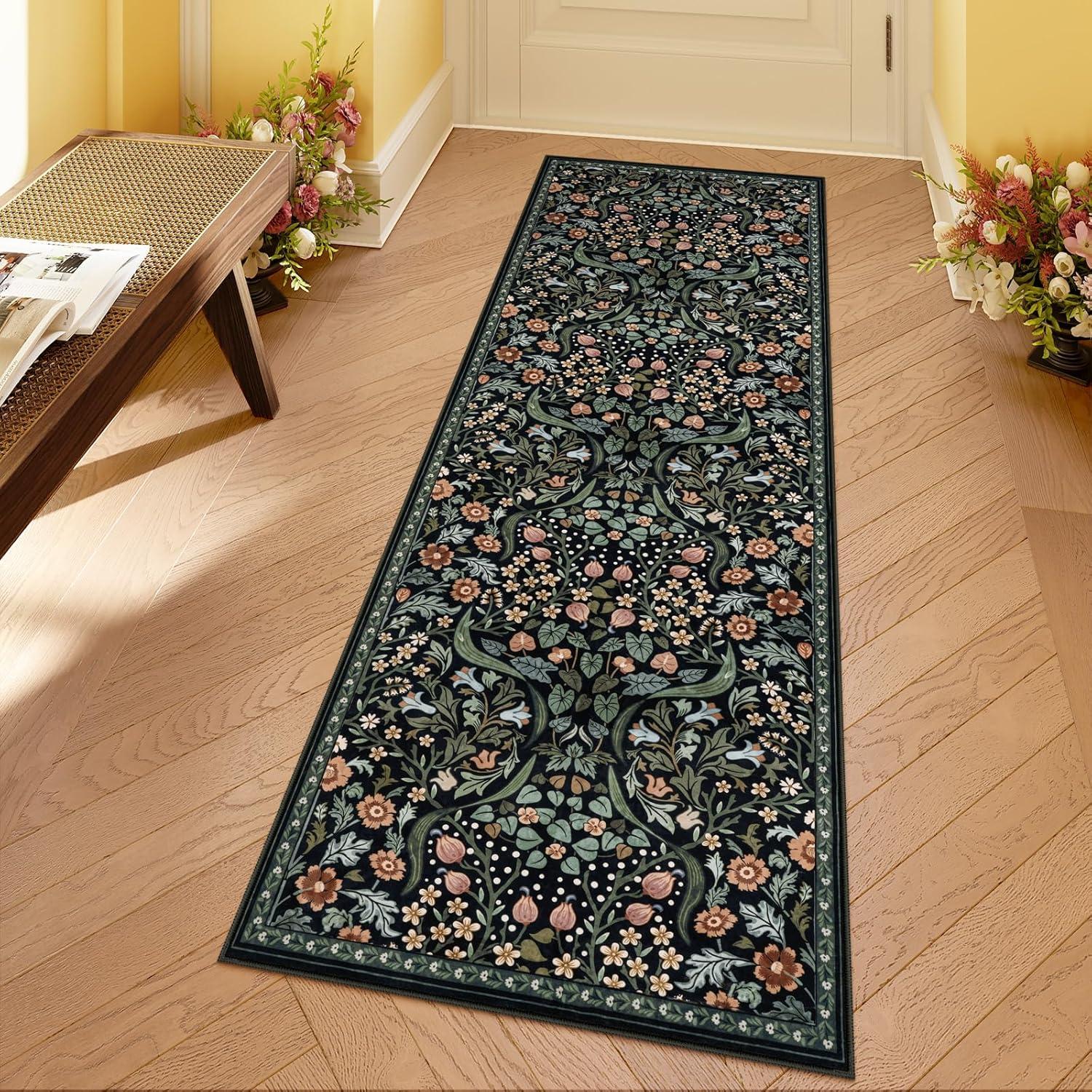 imageMoynesa Floral Washable 8x10 Rug Large Rugs for Living Room Green Soft 8 x 10 Boho Bedroom Rugs Non Slip Botanical Ultra Thin Floor Carpet for Dining Room Nursery GreenBlack