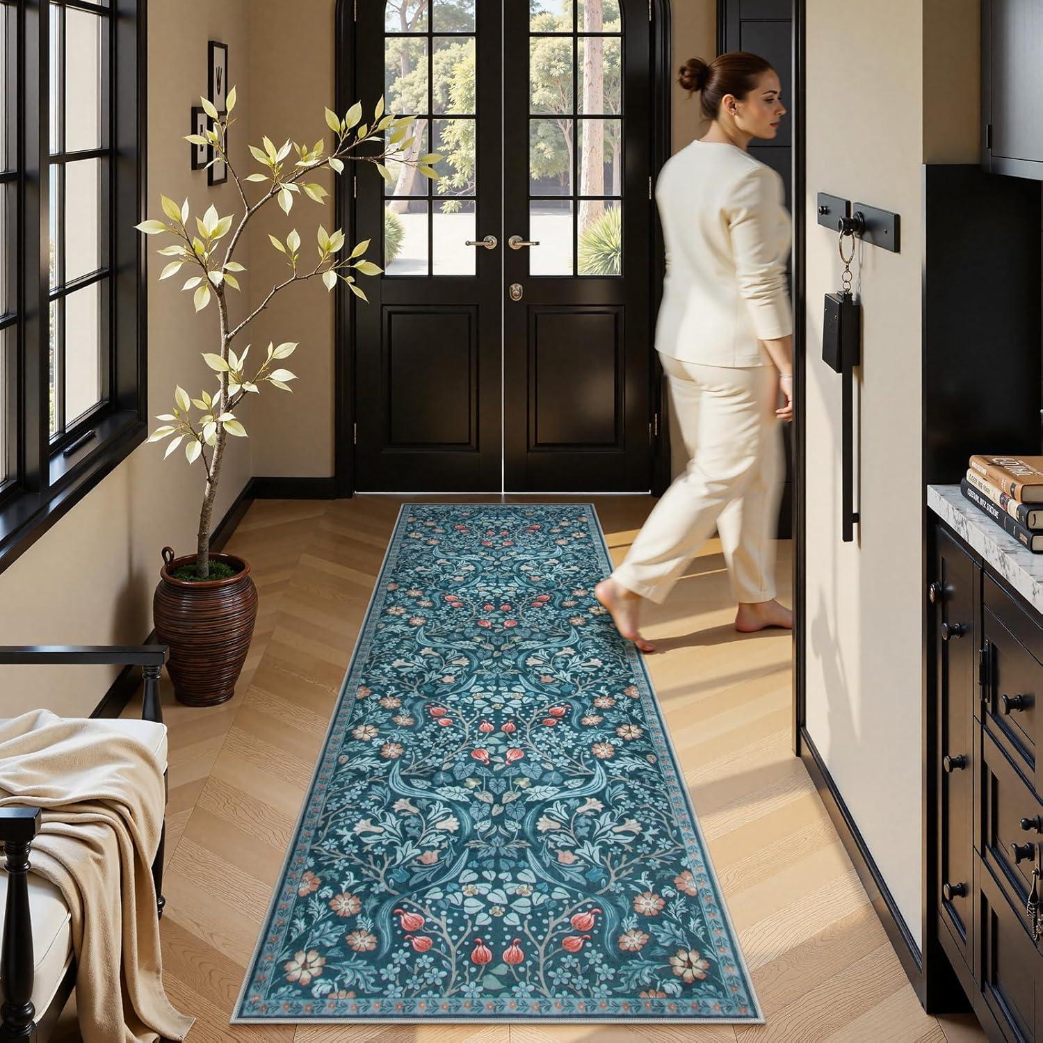 imageMoynesa Floral Washable 8x10 Rug Large Rugs for Living Room Green Soft 8 x 10 Boho Bedroom Rugs Non Slip Botanical Ultra Thin Floor Carpet for Dining Room Nursery GreenTeal