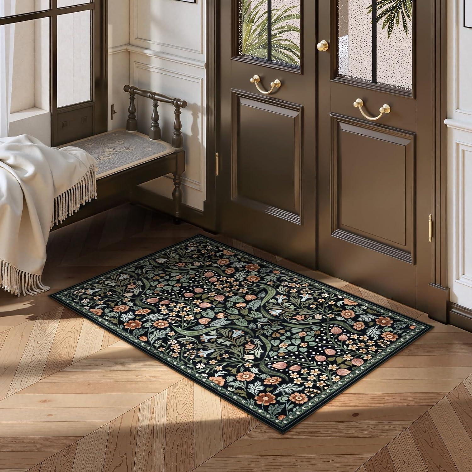 imageMoynesa Floral Washable 8x10 Rug Large Rugs for Living Room Green Soft 8 x 10 Boho Bedroom Rugs Non Slip Botanical Ultra Thin Floor Carpet for Dining Room Nursery GreenBlack