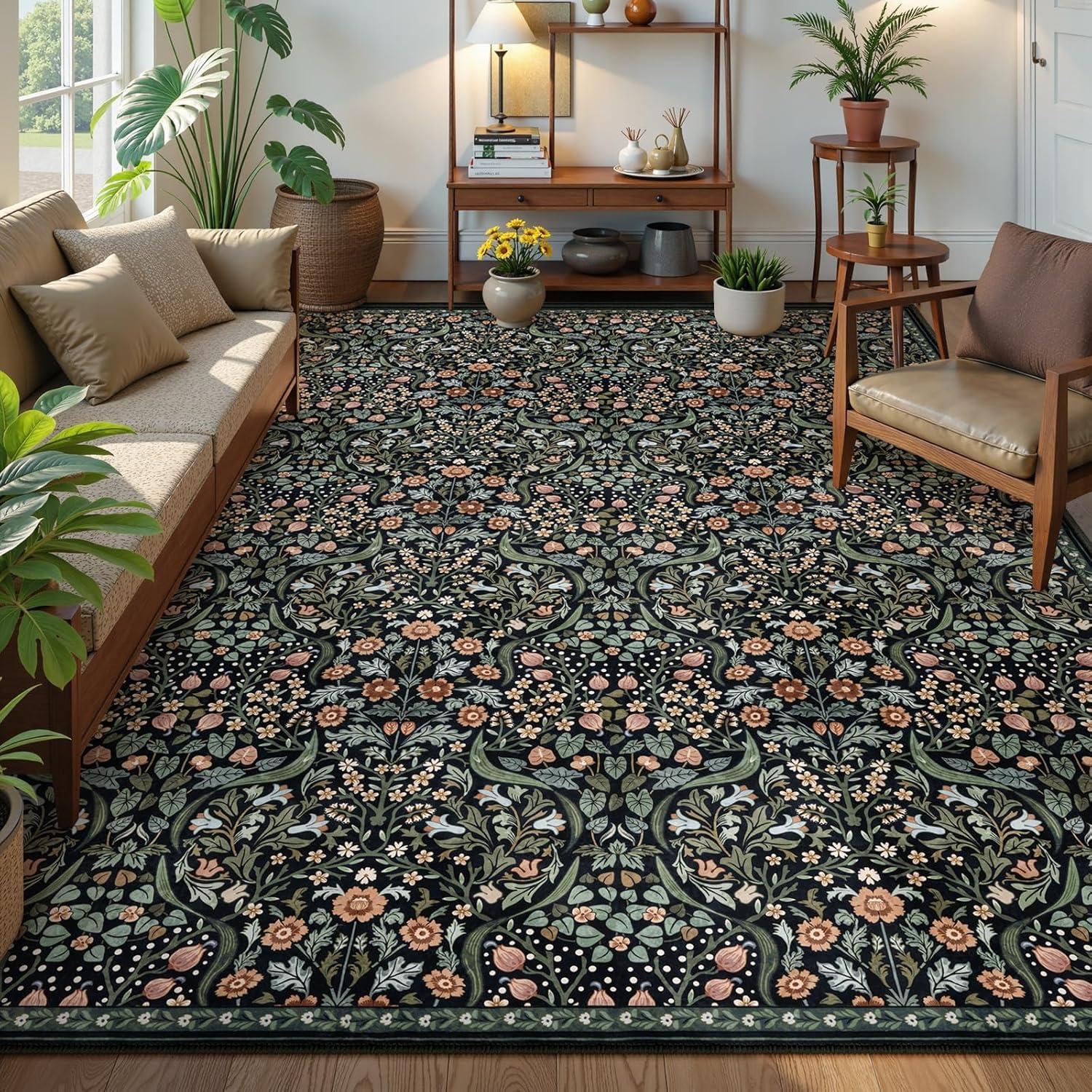 imageMoynesa Floral Washable 8x10 Rug Large Rugs for Living Room Green Soft 8 x 10 Boho Bedroom Rugs Non Slip Botanical Ultra Thin Floor Carpet for Dining Room Nursery GreenBlack