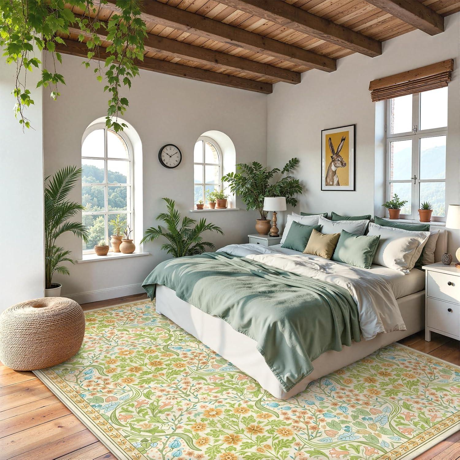 imageMoynesa Floral Washable 8x10 Rug Large Rugs for Living Room Green Soft 8 x 10 Boho Bedroom Rugs Non Slip Botanical Ultra Thin Floor Carpet for Dining Room Nursery GreenSpring