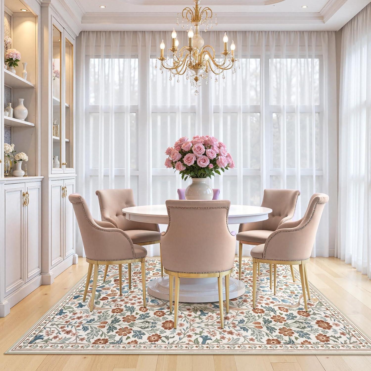 imageMoynesa Floral Washable 8x10 Rug Large Rugs for Living Room Green Soft 8 x 10 Boho Bedroom Rugs Non Slip Botanical Ultra Thin Floor Carpet for Dining Room Nursery GreenBeige