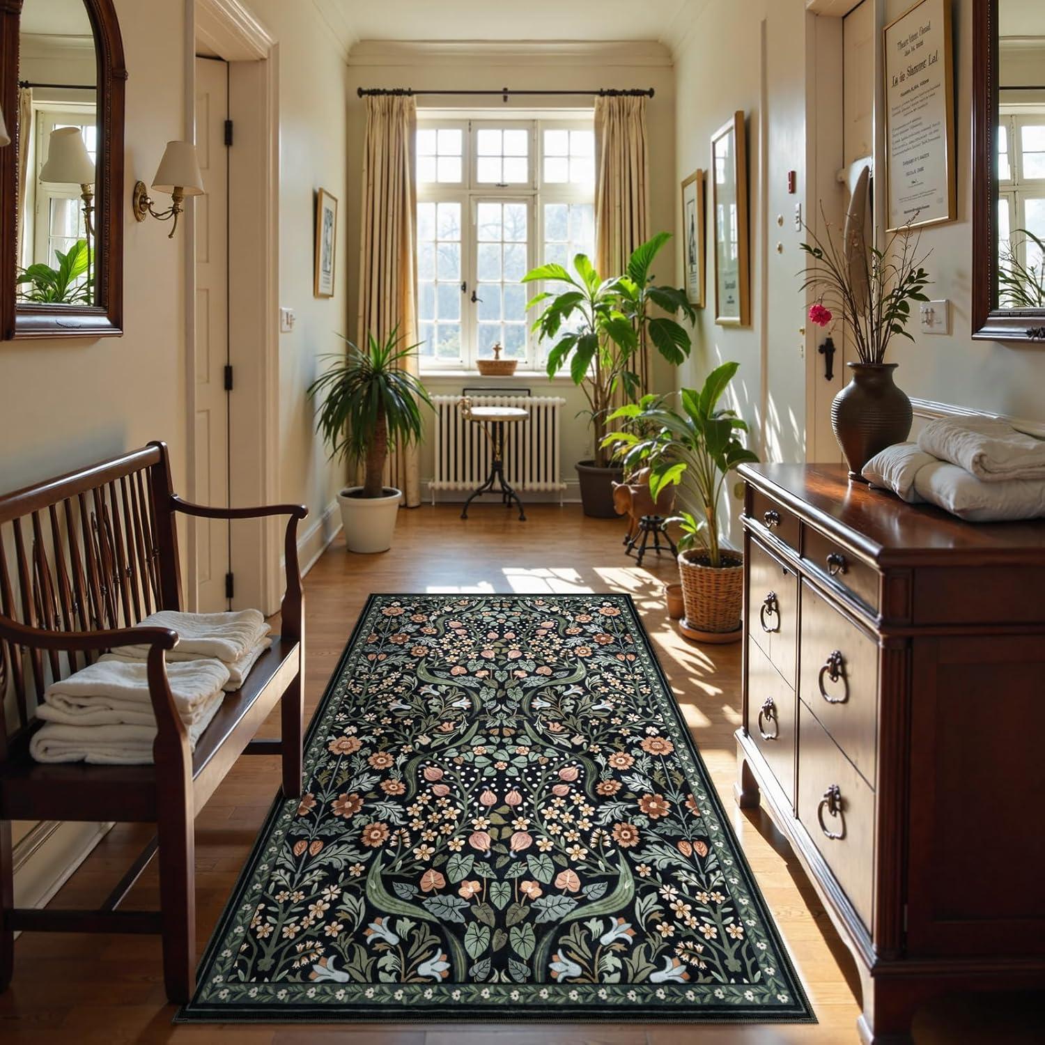 imageMoynesa Floral Washable 8x10 Rug Large Rugs for Living Room Green Soft 8 x 10 Boho Bedroom Rugs Non Slip Botanical Ultra Thin Floor Carpet for Dining Room Nursery GreenBlack