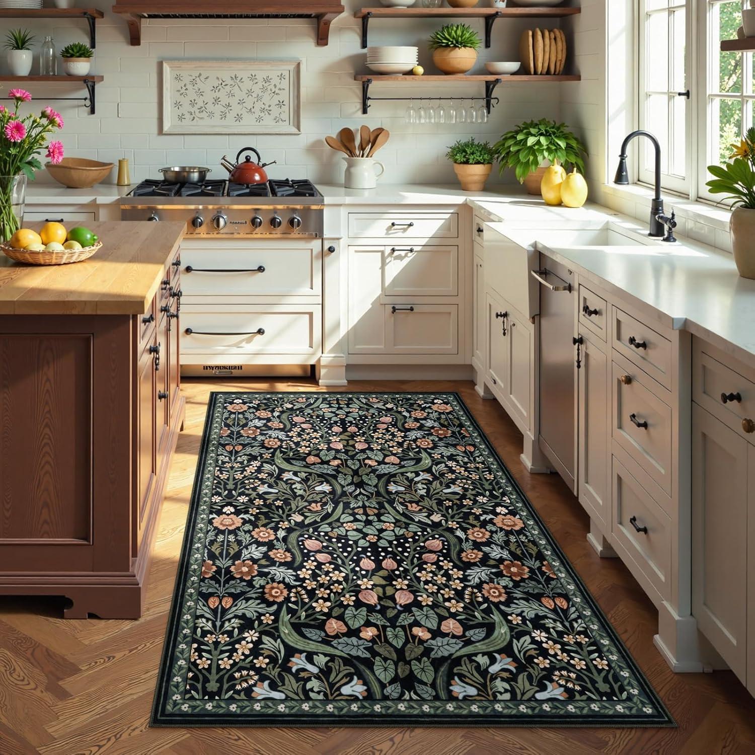 imageMoynesa Floral Washable 8x10 Rug Large Rugs for Living Room Green Soft 8 x 10 Boho Bedroom Rugs Non Slip Botanical Ultra Thin Floor Carpet for Dining Room Nursery GreenBlack