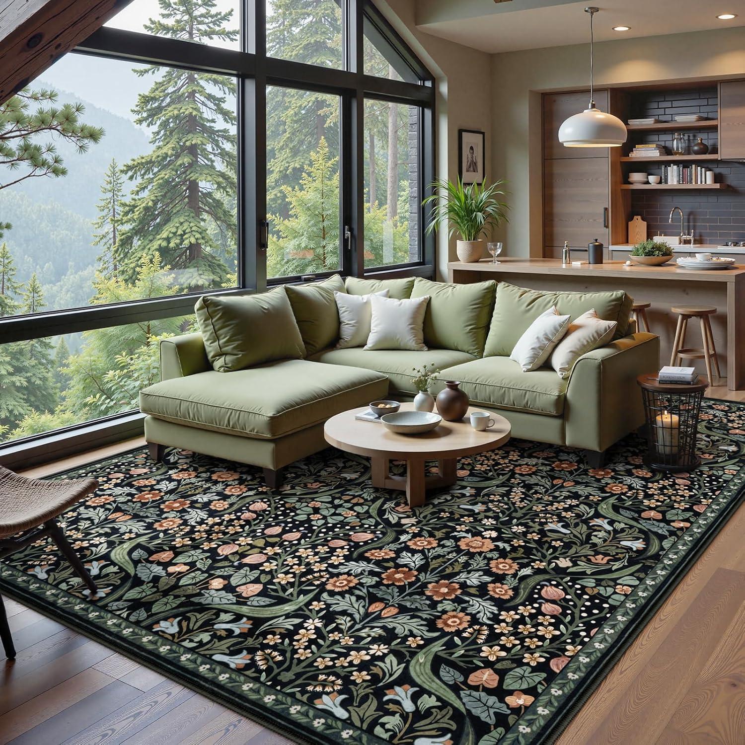 imageMoynesa Floral Washable 8x10 Rug Large Rugs for Living Room Green Soft 8 x 10 Boho Bedroom Rugs Non Slip Botanical Ultra Thin Floor Carpet for Dining Room Nursery GreenBlack