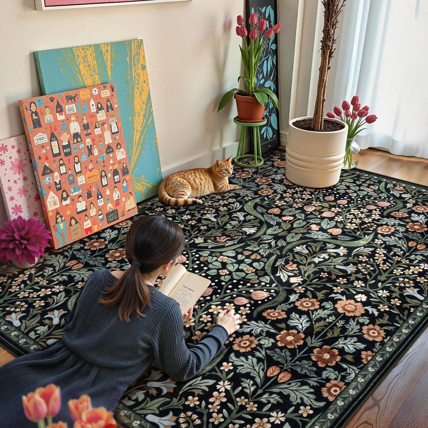 imageMoynesa Floral Washable 8x10 Rug Large Rugs for Living Room Green Soft 8 x 10 Boho Bedroom Rugs Non Slip Botanical Ultra Thin Floor Carpet for Dining Room Nursery GreenBlack