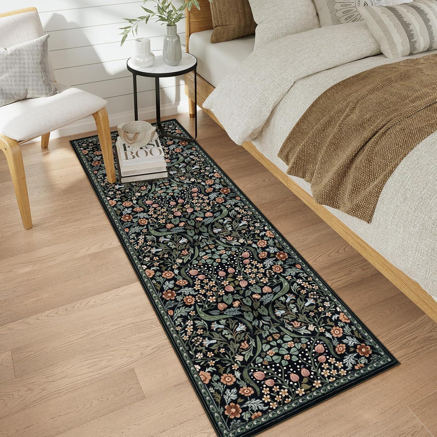 imageMoynesa Floral Washable 8x10 Rug Large Rugs for Living Room Green Soft 8 x 10 Boho Bedroom Rugs Non Slip Botanical Ultra Thin Floor Carpet for Dining Room Nursery GreenBlack