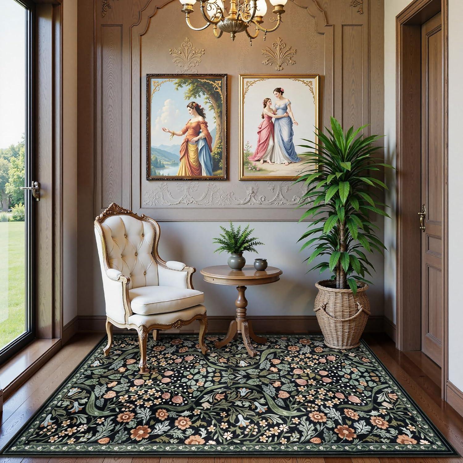 imageMoynesa Floral Washable 8x10 Rug Large Rugs for Living Room Green Soft 8 x 10 Boho Bedroom Rugs Non Slip Botanical Ultra Thin Floor Carpet for Dining Room Nursery GreenBlack