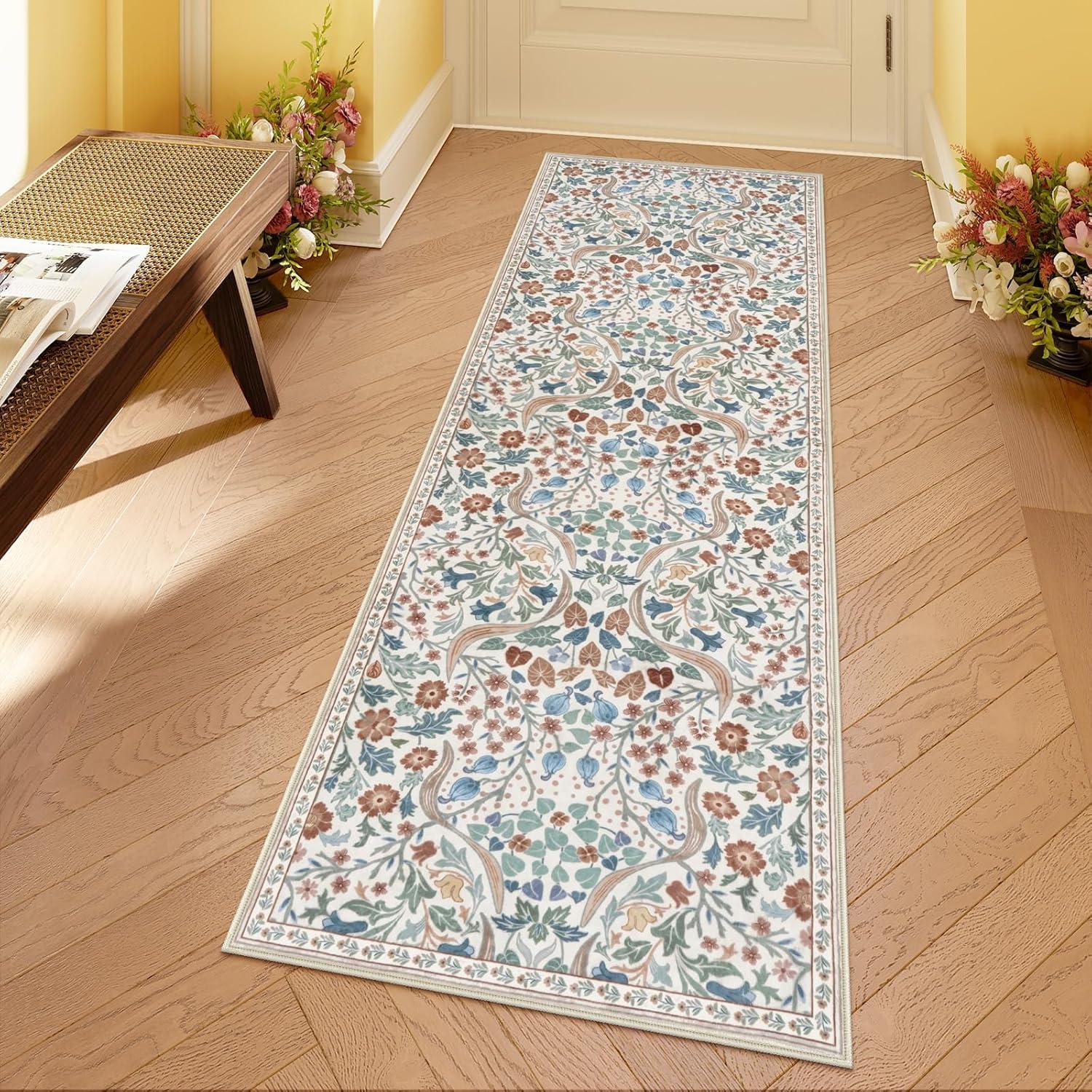 imageMoynesa Floral Washable 8x10 Rug Large Rugs for Living Room Green Soft 8 x 10 Boho Bedroom Rugs Non Slip Botanical Ultra Thin Floor Carpet for Dining Room Nursery GreenBeige