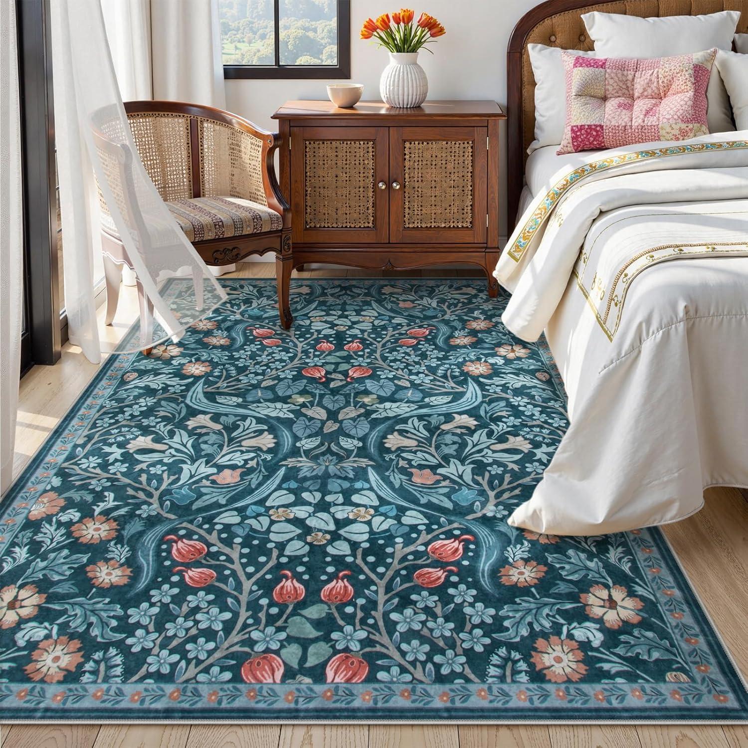 imageMoynesa Floral Washable 8x10 Rug Large Rugs for Living Room Green Soft 8 x 10 Boho Bedroom Rugs Non Slip Botanical Ultra Thin Floor Carpet for Dining Room Nursery GreenTeal