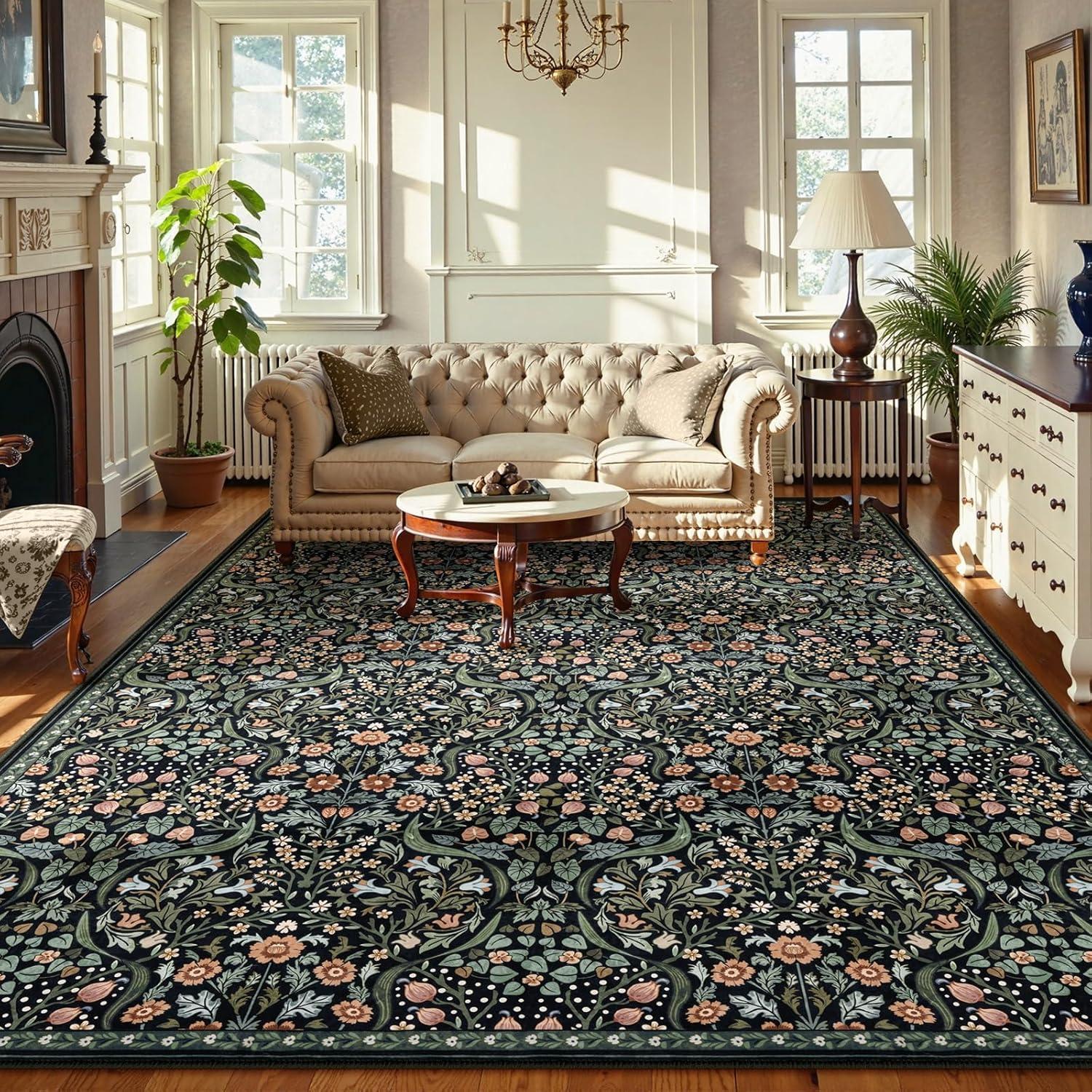 imageMoynesa Floral Washable 8x10 Rug Large Rugs for Living Room Green Soft 8 x 10 Boho Bedroom Rugs Non Slip Botanical Ultra Thin Floor Carpet for Dining Room Nursery GreenBlack