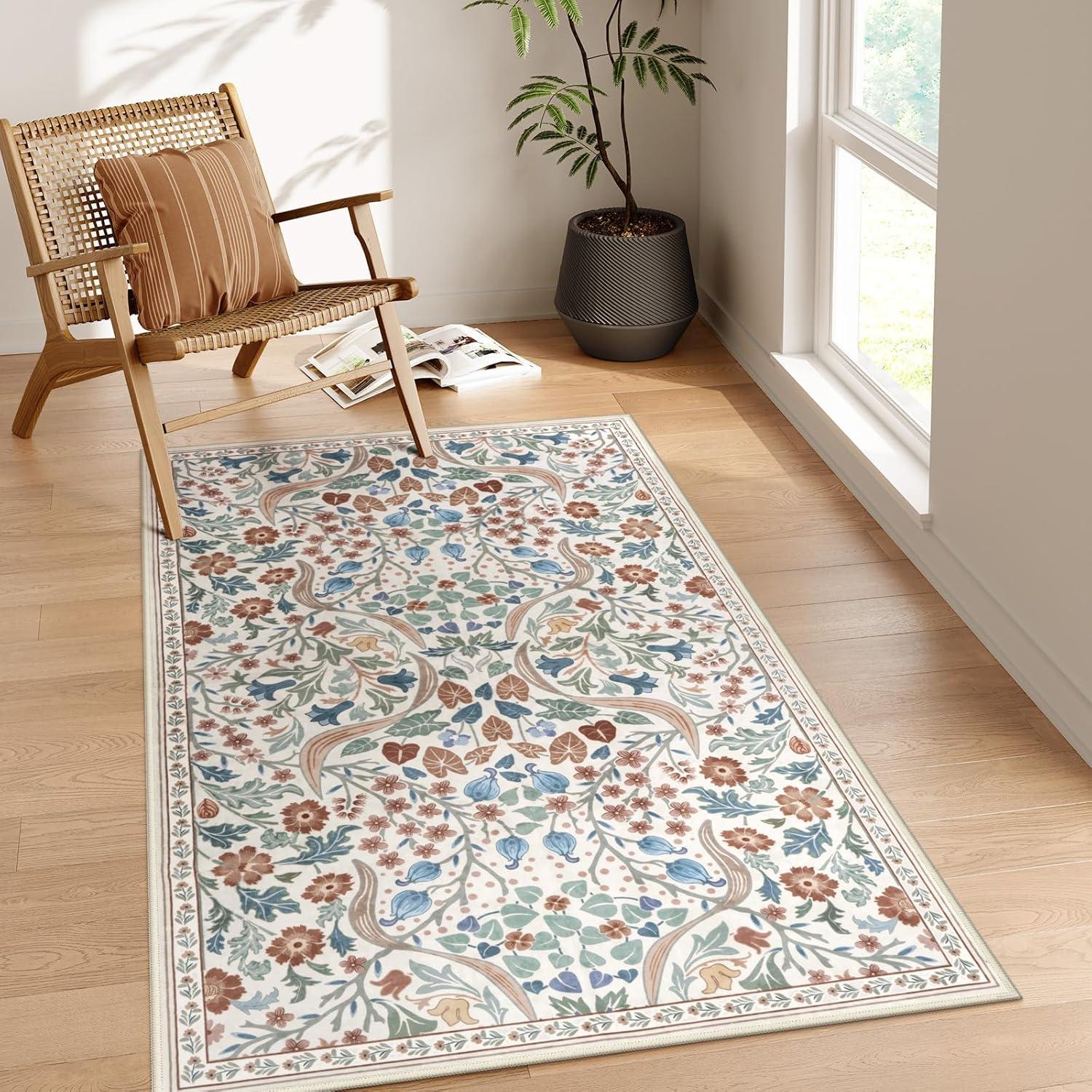 imageMoynesa Floral Washable 8x10 Rug Large Rugs for Living Room Green Soft 8 x 10 Boho Bedroom Rugs Non Slip Botanical Ultra Thin Floor Carpet for Dining Room Nursery GreenBeige