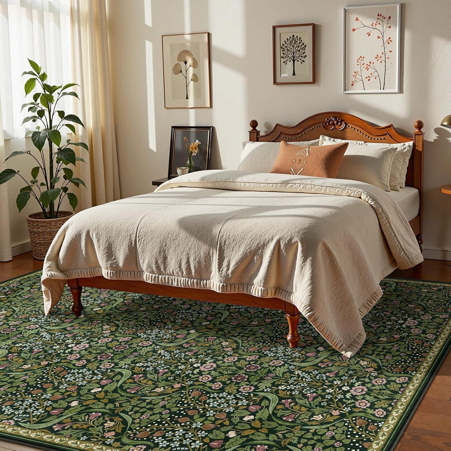 imageMoynesa Floral Washable 8x10 Rug Large Rugs for Living Room Green Soft 8 x 10 Boho Bedroom Rugs Non Slip Botanical Ultra Thin Floor Carpet for Dining Room Nursery GreenGreen