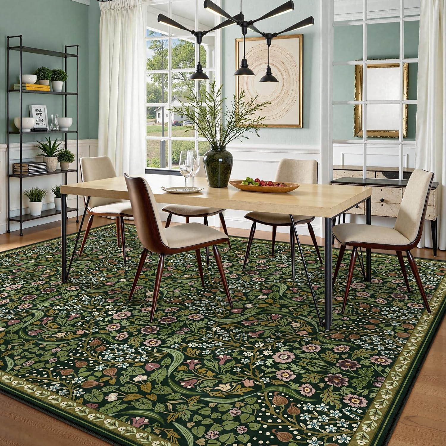 imageMoynesa Floral Washable 8x10 Rug Large Rugs for Living Room Green Soft 8 x 10 Boho Bedroom Rugs Non Slip Botanical Ultra Thin Floor Carpet for Dining Room Nursery GreenGreen
