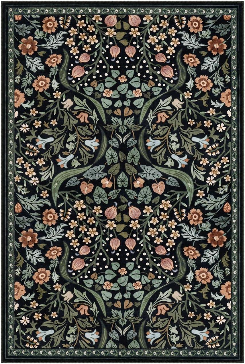 imageMoynesa Floral Washable 8x10 Rug Large Rugs for Living Room Green Soft 8 x 10 Boho Bedroom Rugs Non Slip Botanical Ultra Thin Floor Carpet for Dining Room Nursery GreenBlack