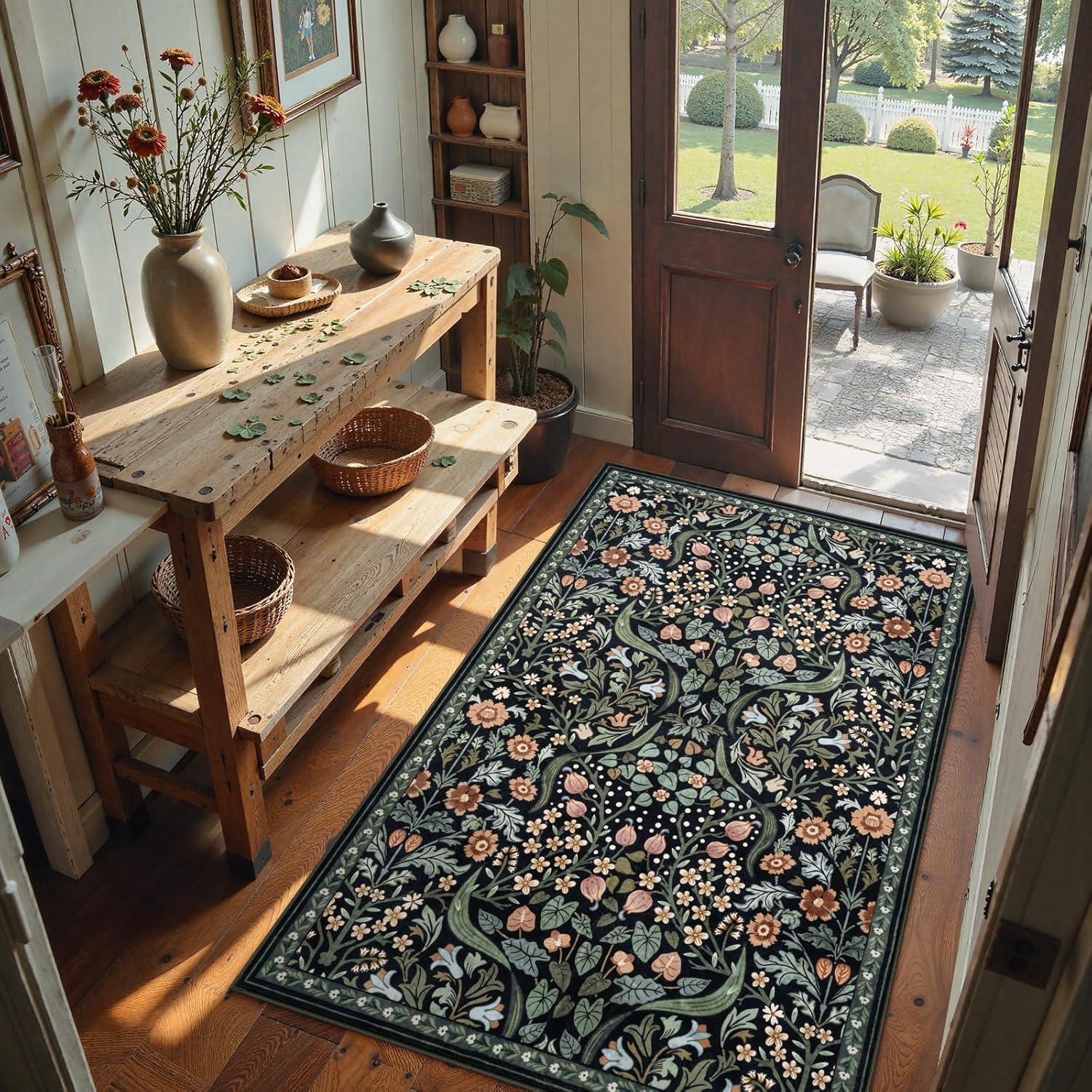 imageMoynesa Floral Washable 8x10 Rug Large Rugs for Living Room Green Soft 8 x 10 Boho Bedroom Rugs Non Slip Botanical Ultra Thin Floor Carpet for Dining Room Nursery GreenBlack