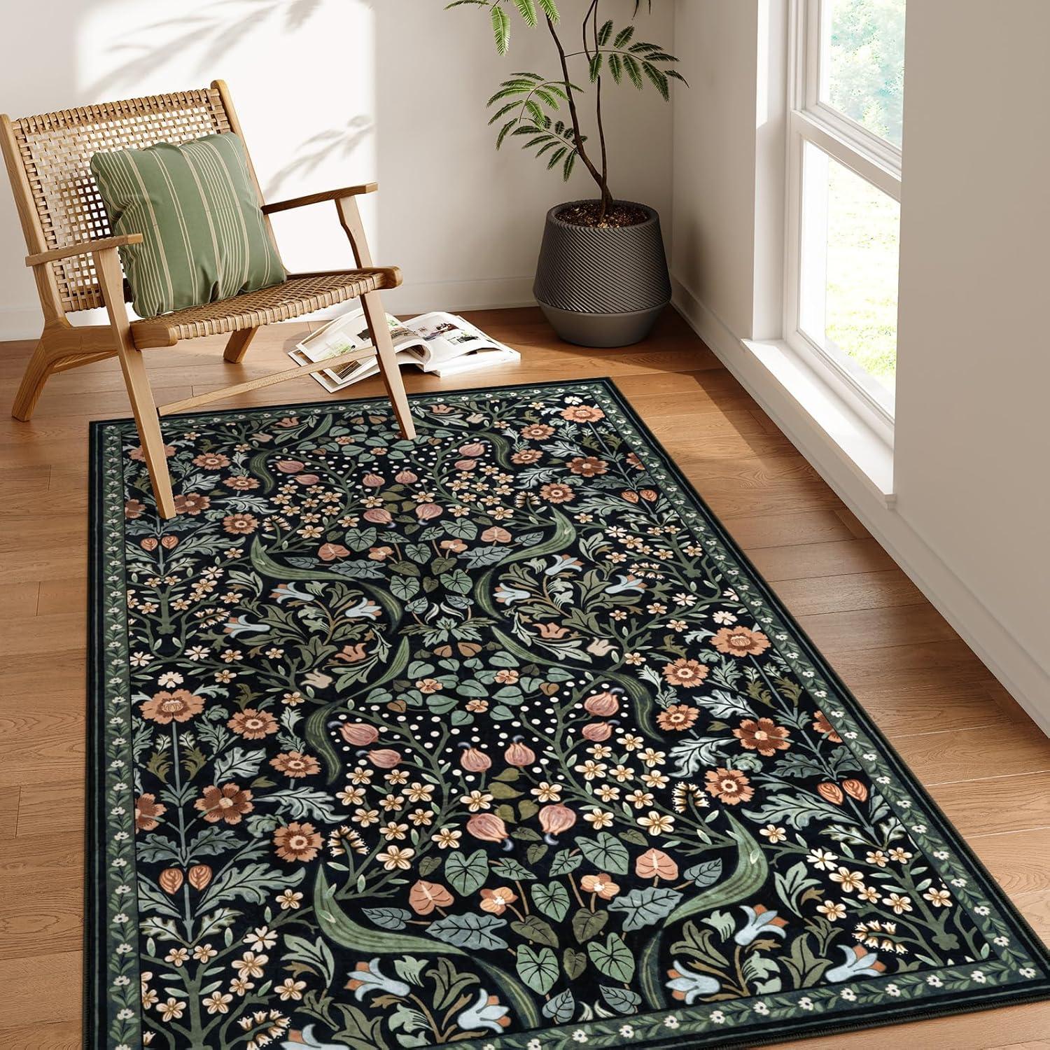 imageMoynesa Floral Washable 8x10 Rug Large Rugs for Living Room Green Soft 8 x 10 Boho Bedroom Rugs Non Slip Botanical Ultra Thin Floor Carpet for Dining Room Nursery GreenBlack