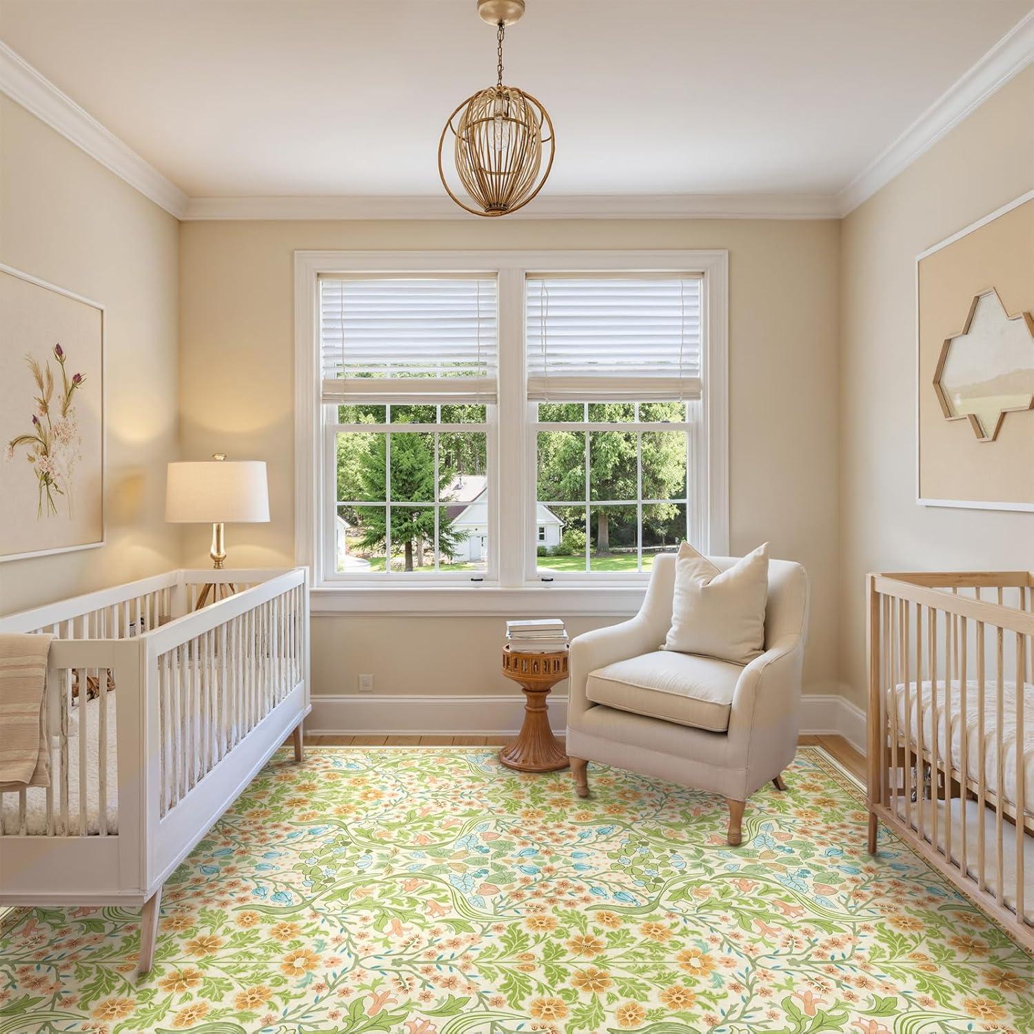 imageMoynesa Floral Washable 8x10 Rug Large Rugs for Living Room Green Soft 8 x 10 Boho Bedroom Rugs Non Slip Botanical Ultra Thin Floor Carpet for Dining Room Nursery GreenSpring