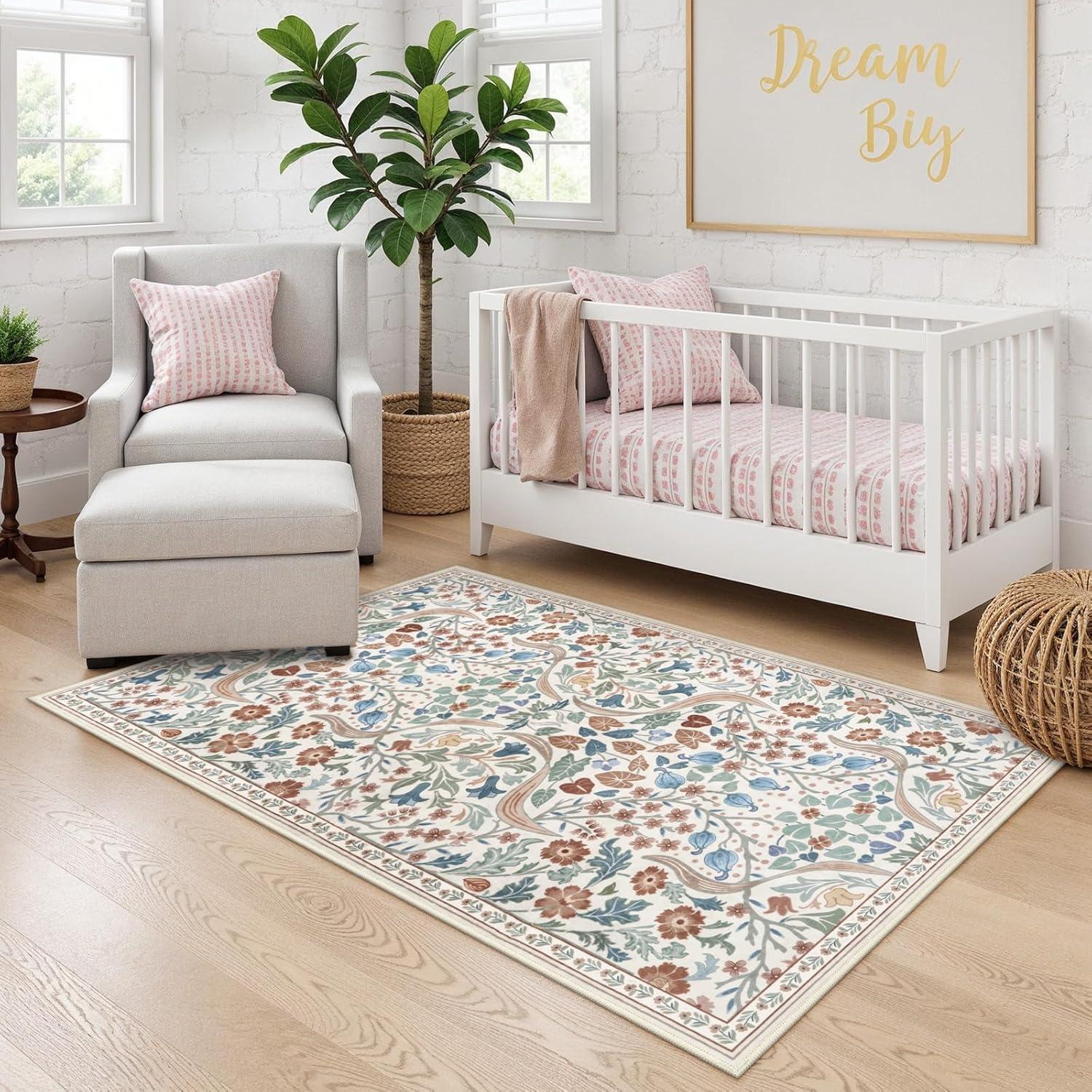 imageMoynesa Floral Washable 8x10 Rug Large Rugs for Living Room Green Soft 8 x 10 Boho Bedroom Rugs Non Slip Botanical Ultra Thin Floor Carpet for Dining Room Nursery GreenBeige