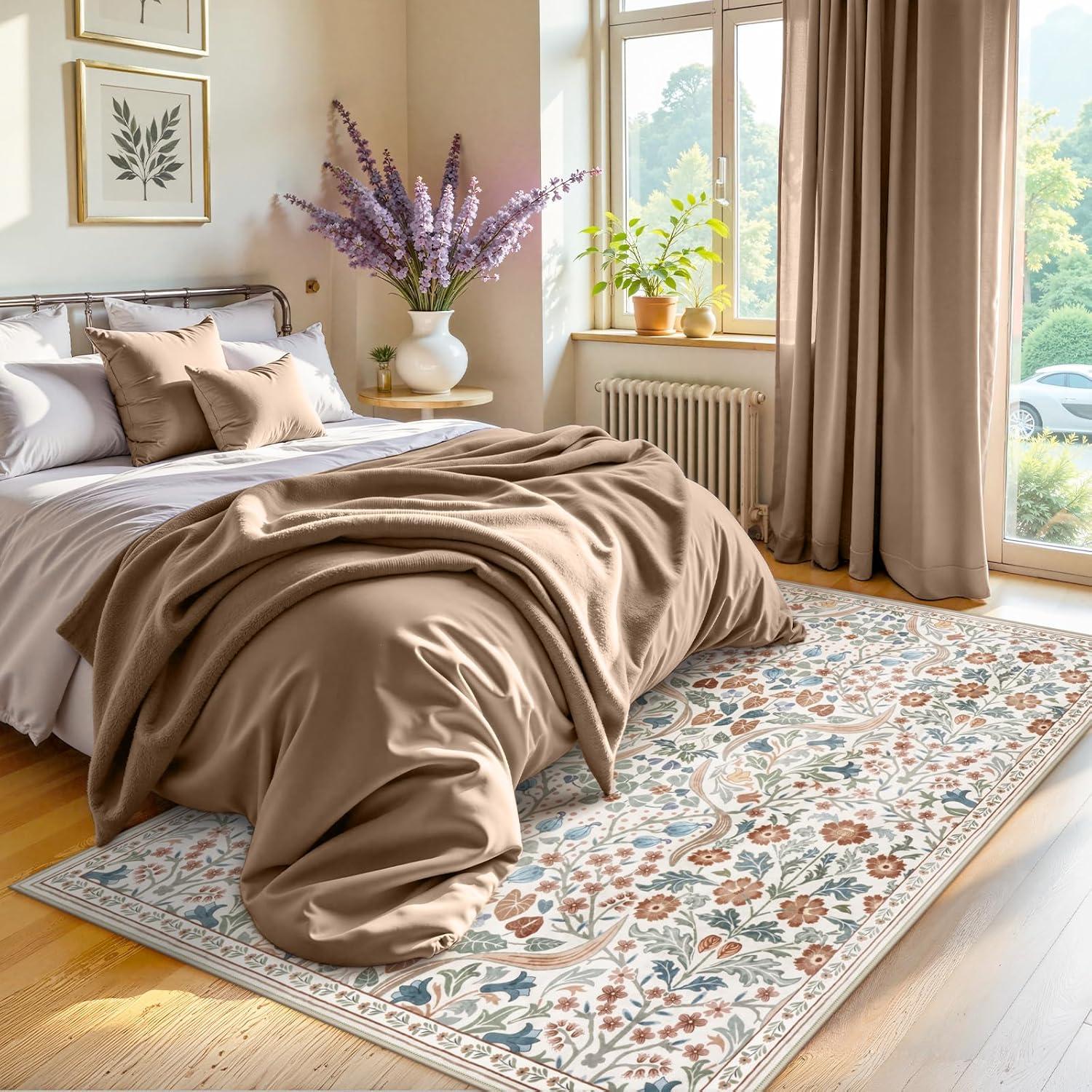 imageMoynesa Floral Washable 8x10 Rug Large Rugs for Living Room Green Soft 8 x 10 Boho Bedroom Rugs Non Slip Botanical Ultra Thin Floor Carpet for Dining Room Nursery GreenBeige