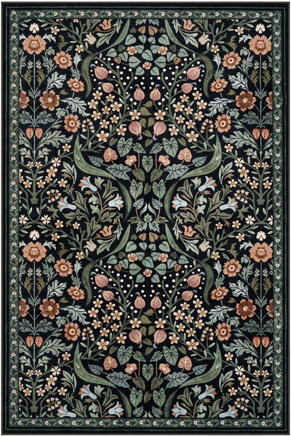 imageMoynesa Floral Washable 8x10 Rug Large Rugs for Living Room Green Soft 8 x 10 Boho Bedroom Rugs Non Slip Botanical Ultra Thin Floor Carpet for Dining Room Nursery GreenBlack