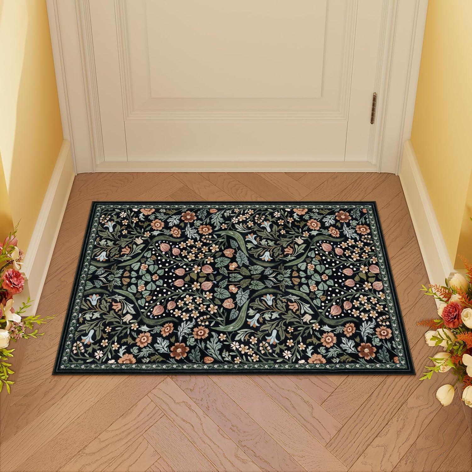 imageMoynesa Floral Washable 8x10 Rug Large Rugs for Living Room Green Soft 8 x 10 Boho Bedroom Rugs Non Slip Botanical Ultra Thin Floor Carpet for Dining Room Nursery GreenBlack