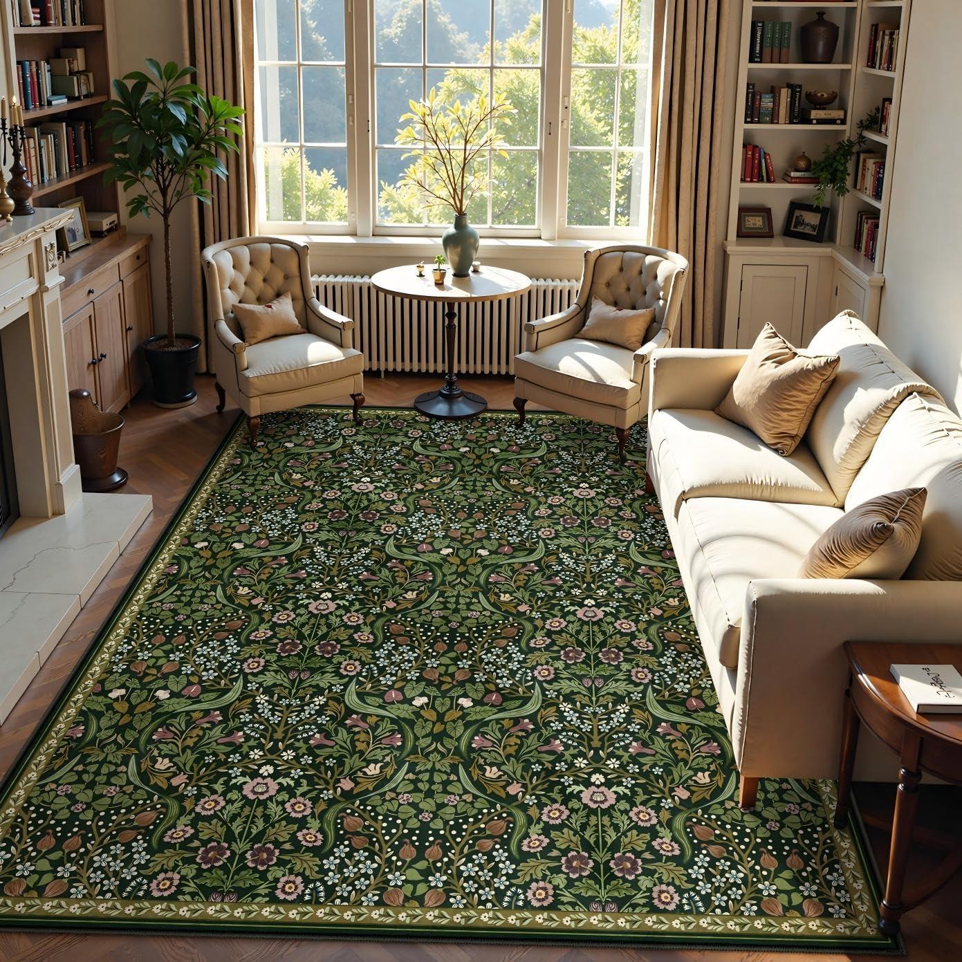 imageMoynesa Floral Washable 8x10 Rug Large Rugs for Living Room Green Soft 8 x 10 Boho Bedroom Rugs Non Slip Botanical Ultra Thin Floor Carpet for Dining Room Nursery GreenGreen