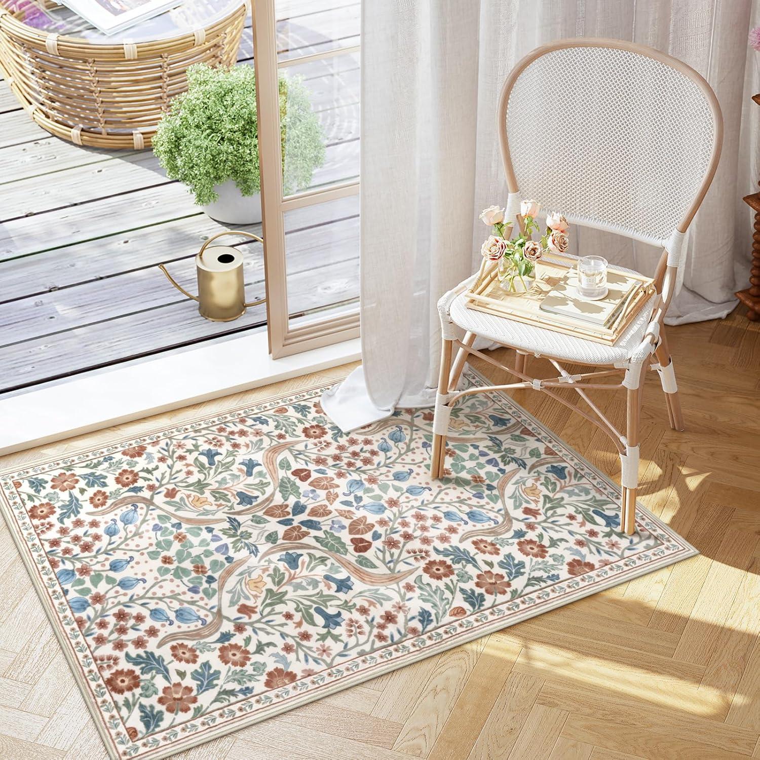 imageMoynesa Floral Washable 8x10 Rug Large Rugs for Living Room Green Soft 8 x 10 Boho Bedroom Rugs Non Slip Botanical Ultra Thin Floor Carpet for Dining Room Nursery GreenBeige