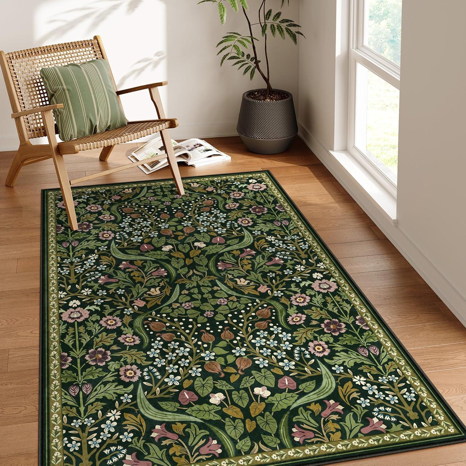 imageMoynesa Floral Washable 8x10 Rug Large Rugs for Living Room Green Soft 8 x 10 Boho Bedroom Rugs Non Slip Botanical Ultra Thin Floor Carpet for Dining Room Nursery GreenGreen