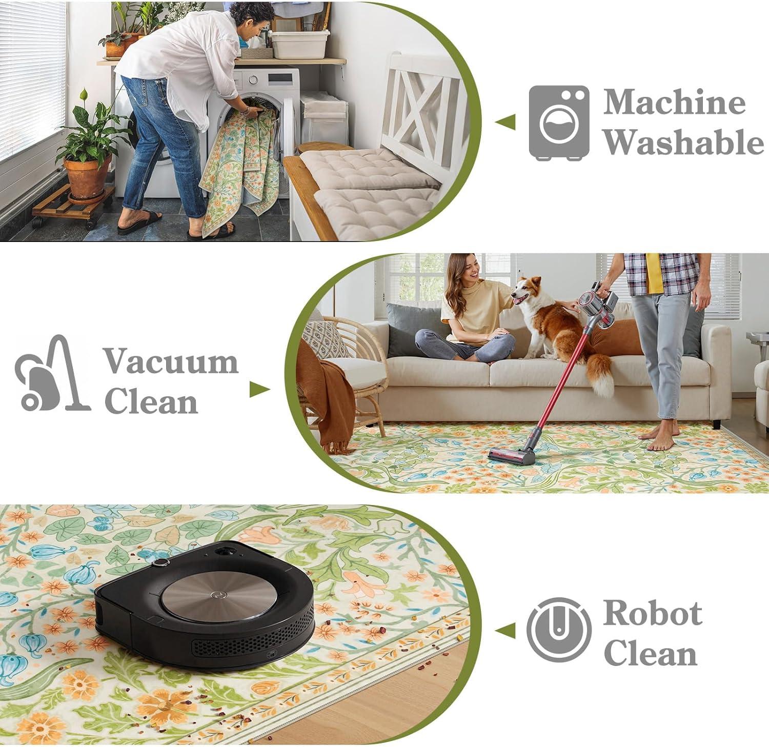 imageMoynesa Floral Washable 8x10 Rug Large Rugs for Living Room Green Soft 8 x 10 Boho Bedroom Rugs Non Slip Botanical Ultra Thin Floor Carpet for Dining Room Nursery GreenSpring