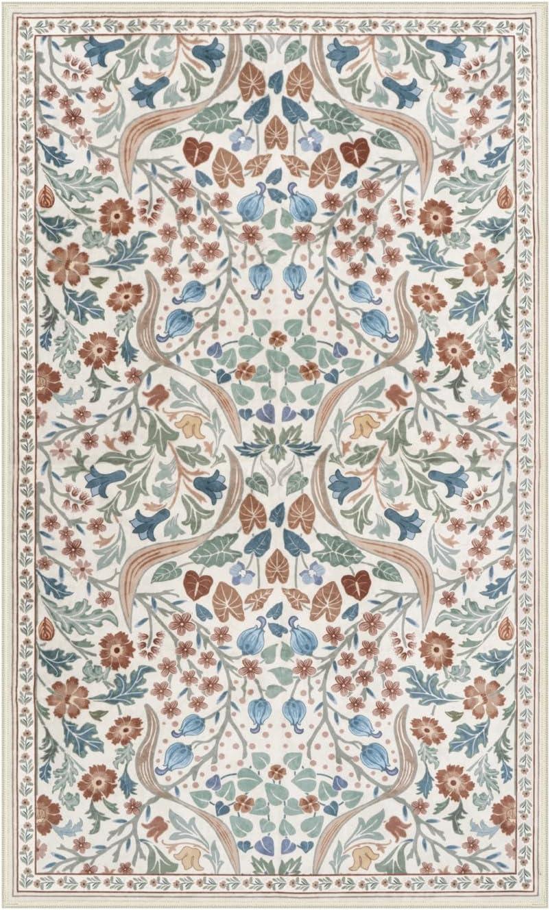 imageMoynesa Floral Washable 8x10 Rug Large Rugs for Living Room Green Soft 8 x 10 Boho Bedroom Rugs Non Slip Botanical Ultra Thin Floor Carpet for Dining Room Nursery GreenBeige