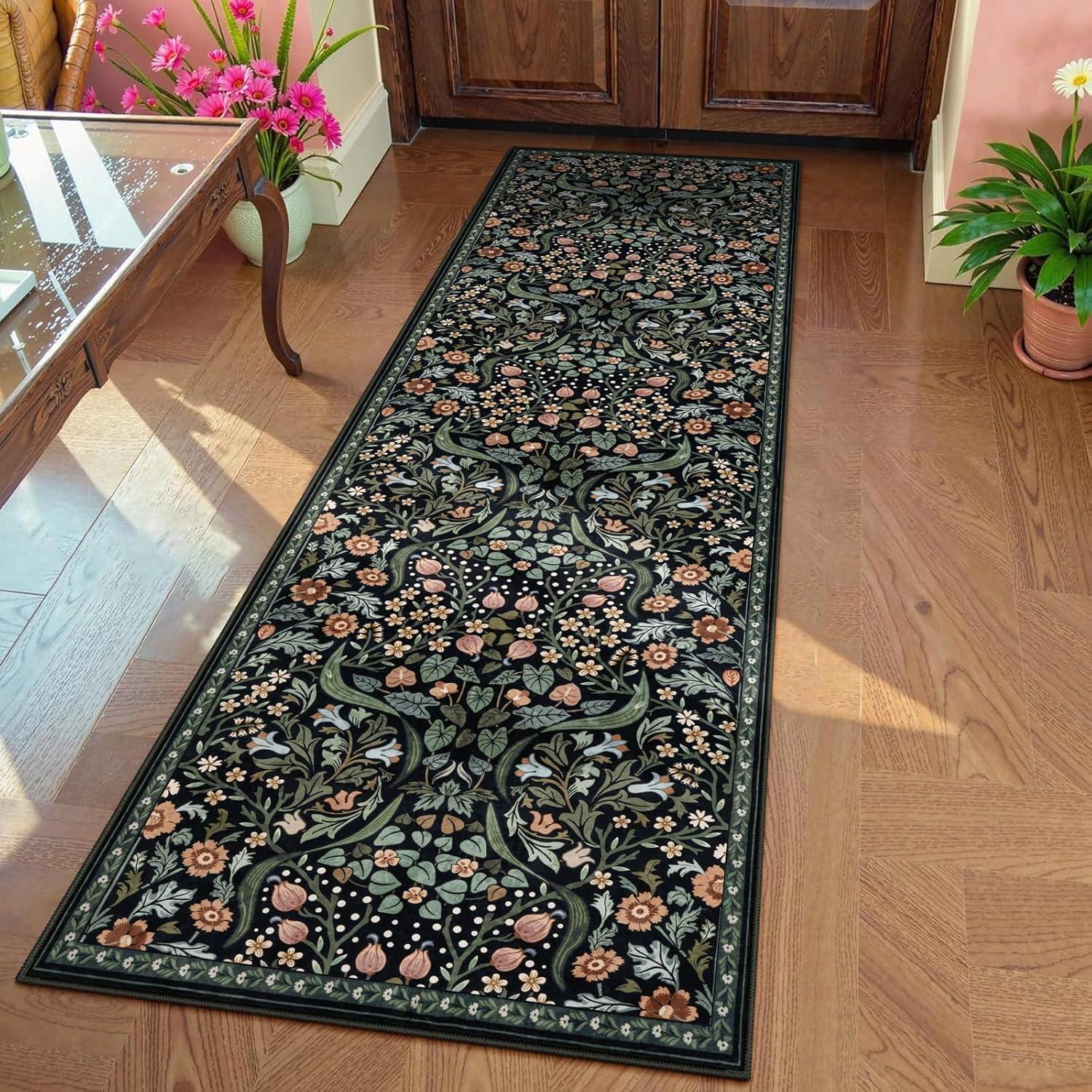 imageMoynesa Floral Washable 8x10 Rug Large Rugs for Living Room Green Soft 8 x 10 Boho Bedroom Rugs Non Slip Botanical Ultra Thin Floor Carpet for Dining Room Nursery GreenBlack