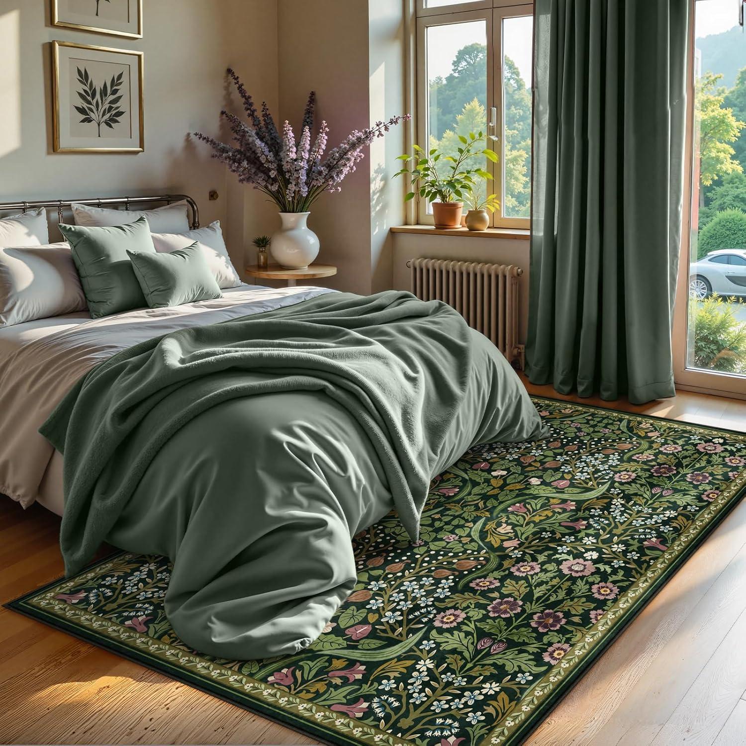 imageMoynesa Floral Washable 8x10 Rug Large Rugs for Living Room Green Soft 8 x 10 Boho Bedroom Rugs Non Slip Botanical Ultra Thin Floor Carpet for Dining Room Nursery GreenGreen